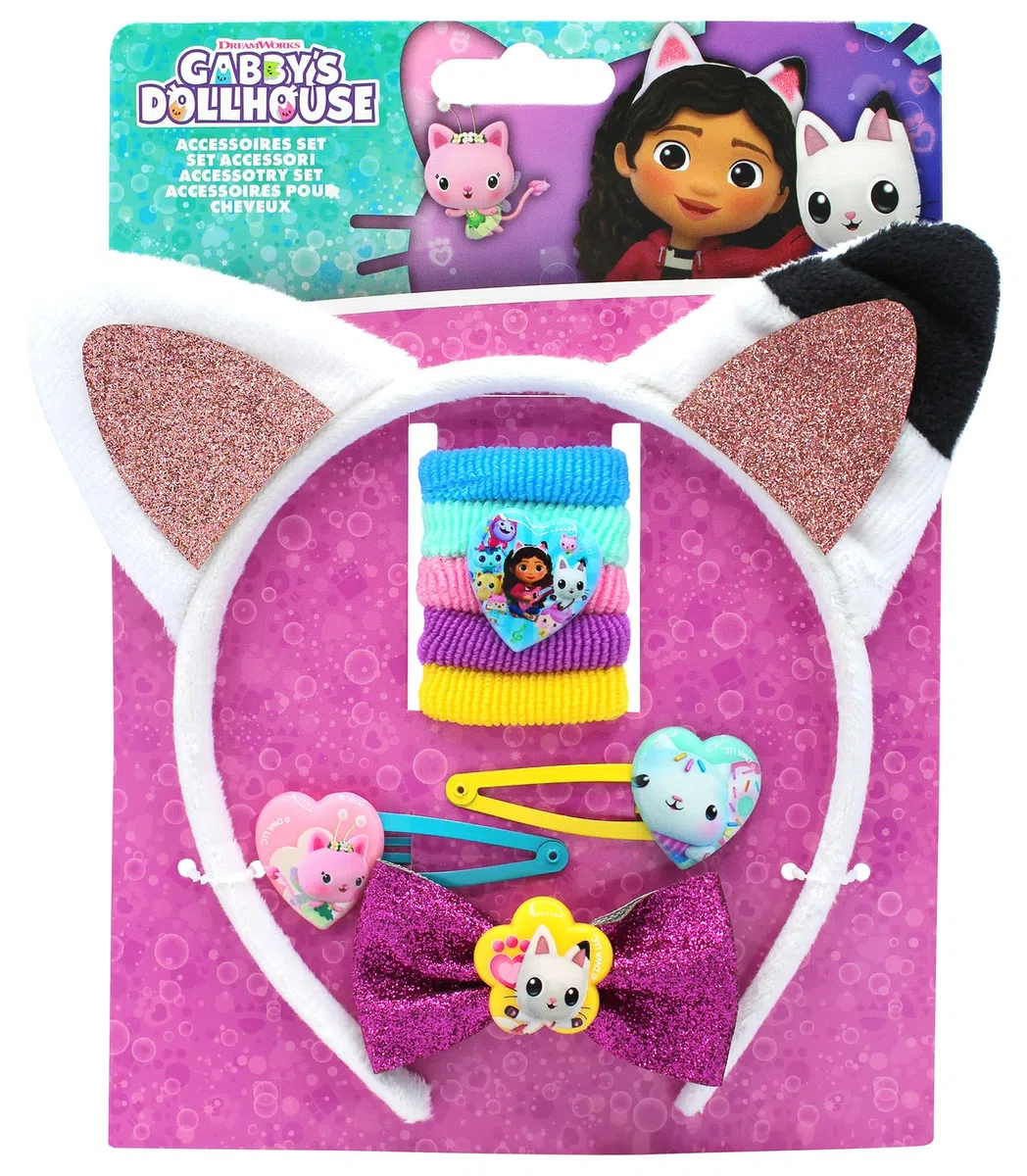 Joytoy Gabby's Dollhouse - Set di gioielli per capelli con orecchie di gatto, 5 fasce per capelli e 3 clip per capelli, 16,5 x 2 x 20,5 cm