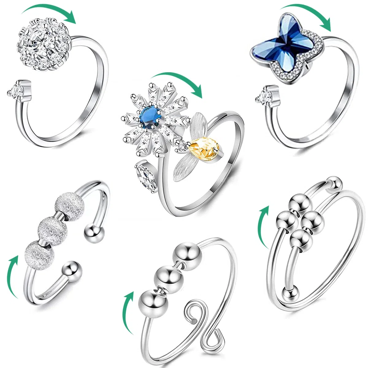 6 PCS Fidget Ansia Anelli Anelli Regolabili Set Open Spinning Fidget Rings Anello da Donna con Perline Anello Geometrico Rotondo con Perline Anello Girevole per Alleviare lo Stress