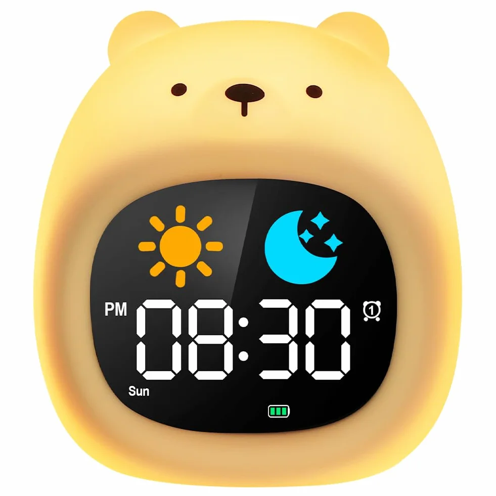 HOTUT Sveglia Bambini, Sveglia Digitale per Bambini, Sveglie da comodino con Luce Notturna Funzione Snooze Timer, 8 Colori Dimmerabile Lampada Notturna Ricaricabile, 6 Suonerie&Colori 8 Musica, Orso