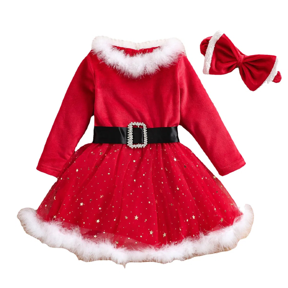 3Pcs Costume Babbo Natale Bambina Vestito Natale Bambina Costume Natalizio Completo Festival Abiti da Festa + Scialle + Cappello Ragazza Vestiti Natalizi Bambina