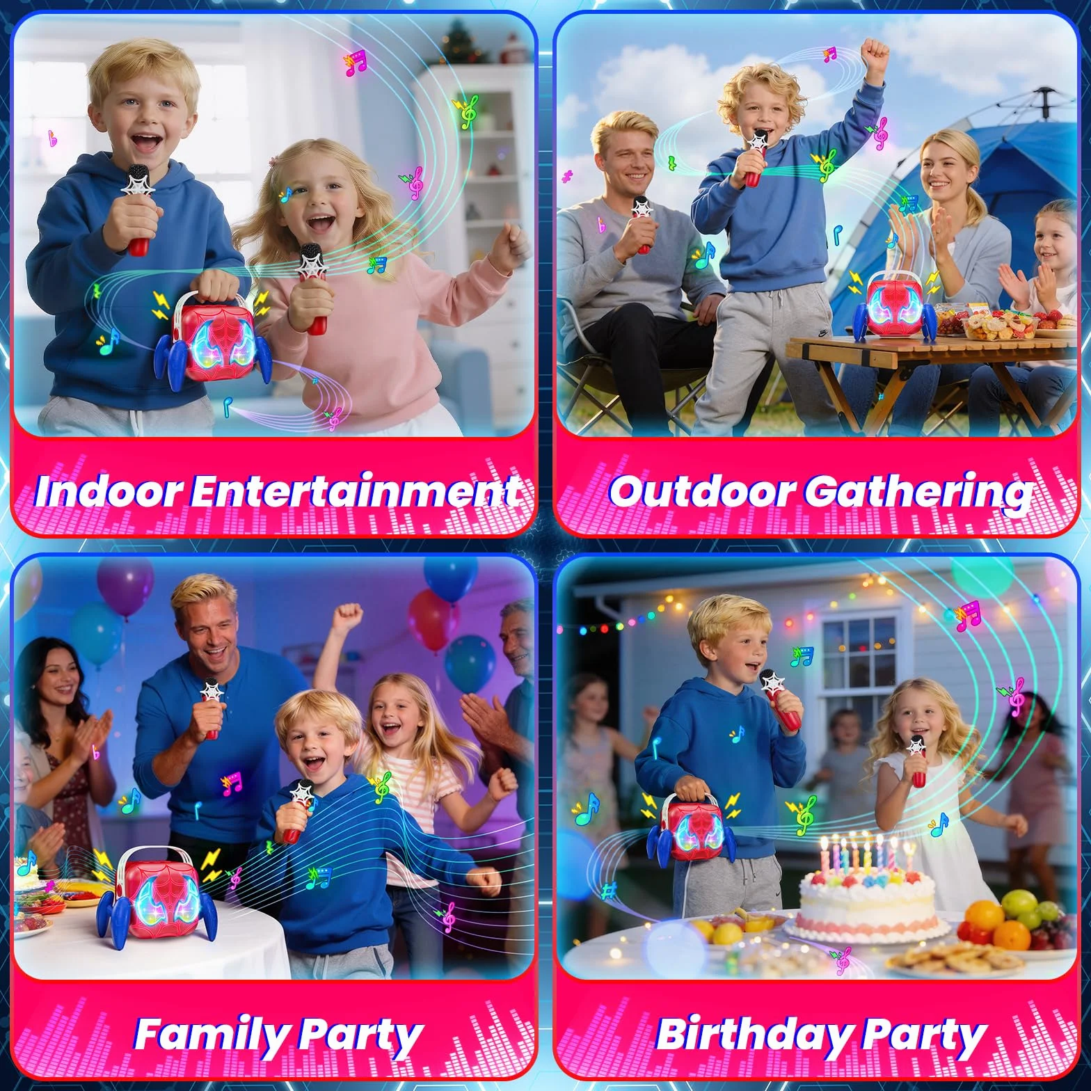 Karaoke per Bambini con 2 Microfoni Luci LED Regalo 3-12 Anni Maschio Giochi Compleanno Festa Natale