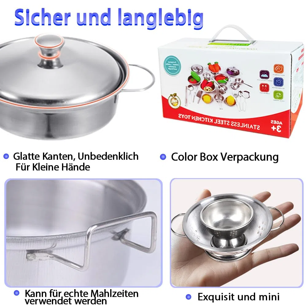 Set di 25 accessori per giocattoli da cucina per bambini, in acciaio inox, pentole e padelle per bambini, mini set da cucina classico, ottimo regalo per ragazze e ragazzi