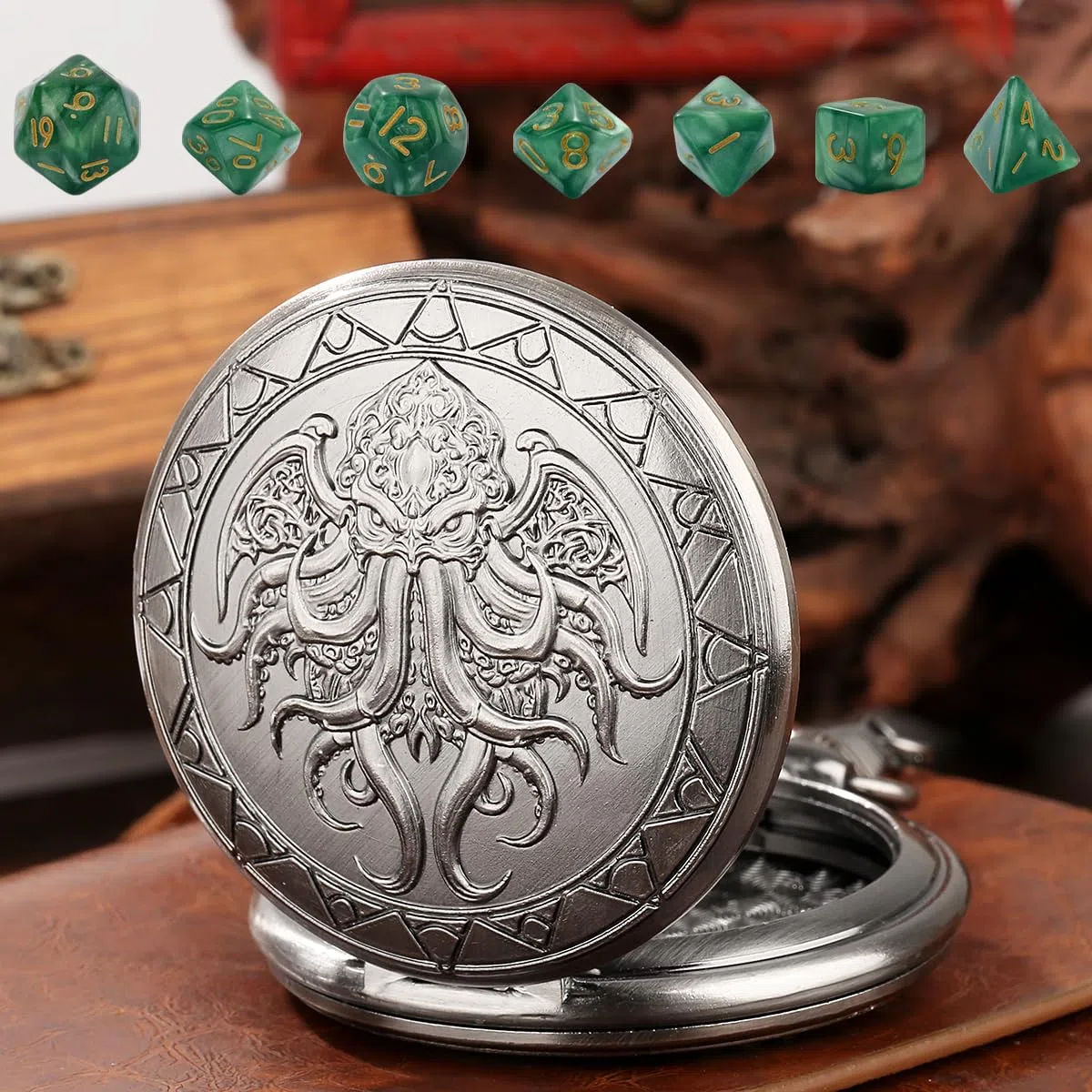 Polpo con ali, grande cassa per orologio da taschino, set di 7 dadi poliedrici in acrilico poliedrico, sacchetto regalo DND con logo del drago, accessori per giochi di ruolo, argento scuro + verde