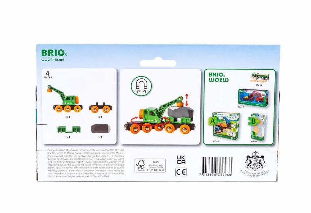 BRIO World - Autocarro con gru verde con rimorchio e carico