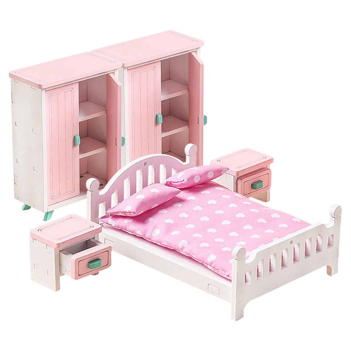 1/12 Miniatura Letto Matrimoniale in Legno Mini Comodino Camera da Letto Modello di Mobili per Bambole Decorazioni per La Casa Fai da Te,Mobili Dollhouse per casa delle Bambini Armadio Set Toy,7 pezzi
