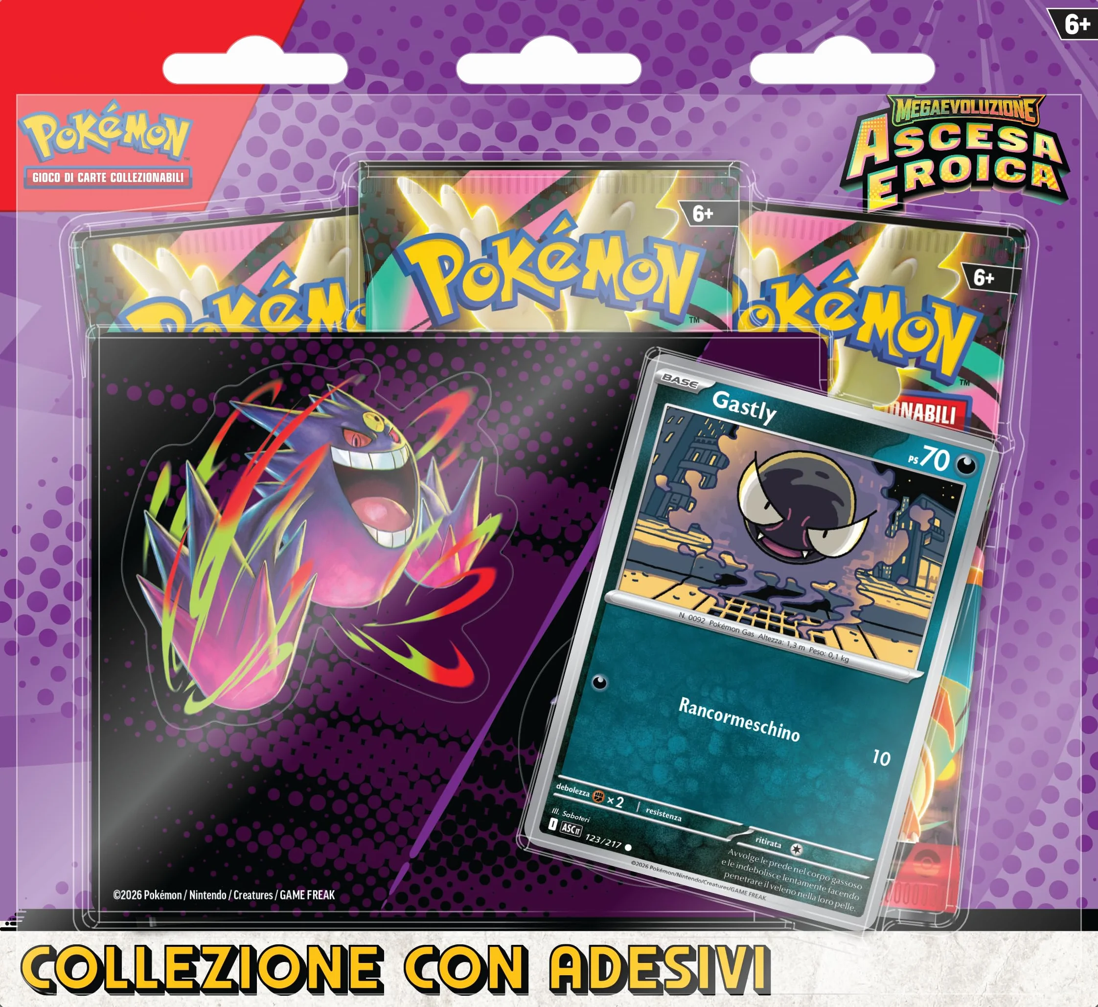 Pokémon: collezione con adesivi (Gastly) dell’espansione Scarlatto e Violetto - Ascesa Eroica del GCC Pokémon (una carta promozionale olografica e tre buste di espansione), Edizione in Italiano