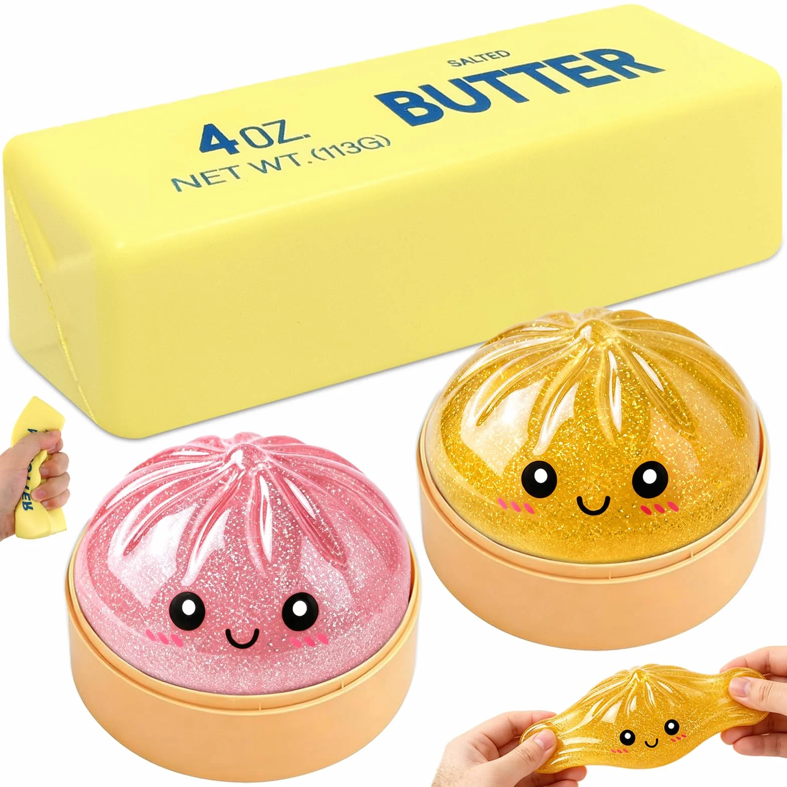 3 Pezzi Glitter Squishy Bao Dumpling + Butter Squishy Set, Giocattolo Sensoriale con Contenitore per Il Vapore, Dumpling Giocattolo Antistress per Alleviare adatto Bambini, Adulti, 25Toys1