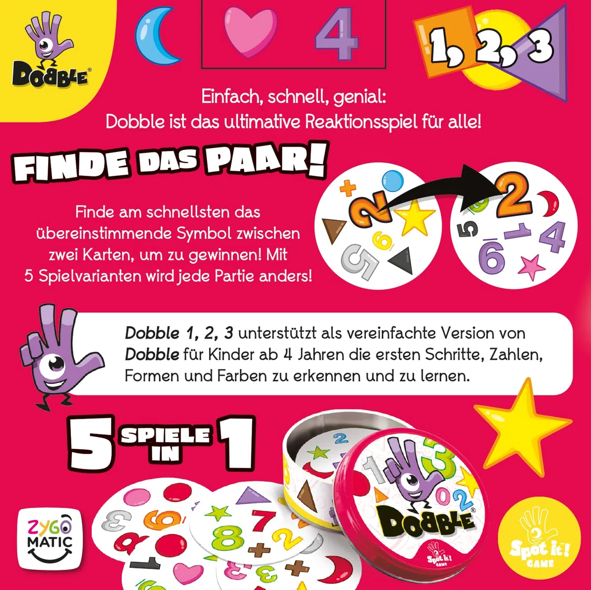 Zygomatic, Dobble 1,2,3, Eco-Sleeves, Gioco di Carte, 1-5 Giocatori, dai 3+ Anni, 10 Minuti, Tedesco