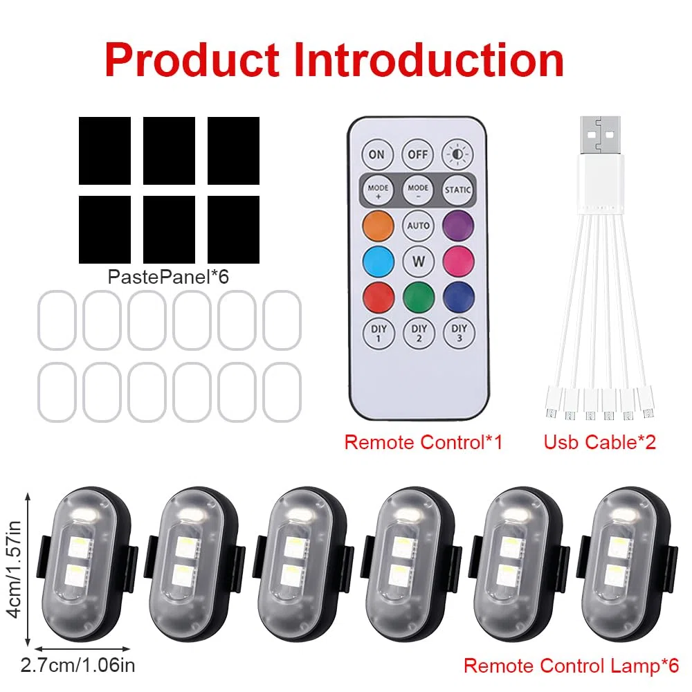 6 Pezzi Luci Stroboscopiche Drone, 8 Colori Luce Flash con Telecomando, Ricarica USB Luci Anti-Collisione, Led Auto Interni Senza Fili, Lmpermeabile Luce a LED per Moto, Biciclette, Drone
