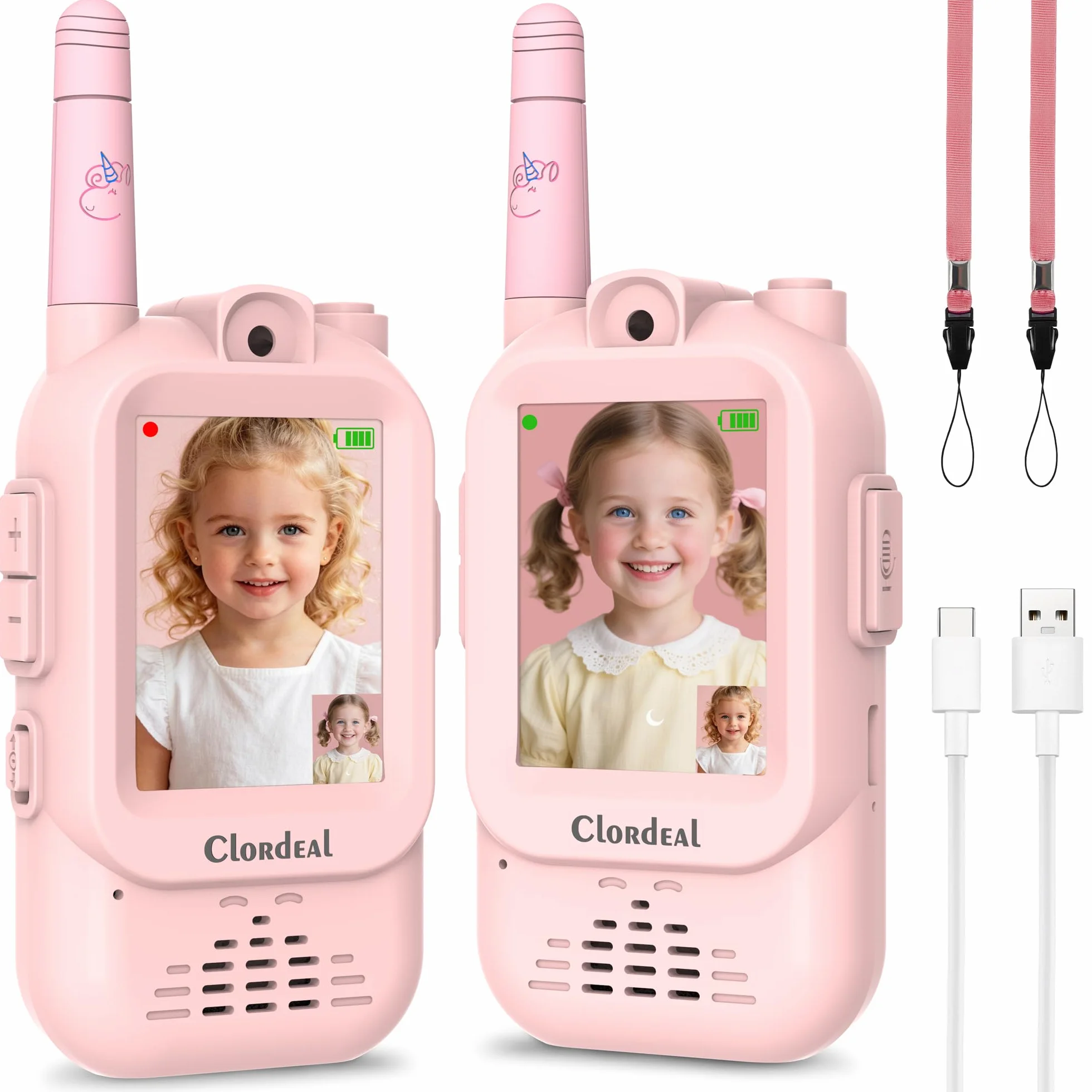 Video Walkie Talkie Bambini Lungo Raggio Ricaricabile, Regalo Bambina 3-12 Anni, Videochiamata, 6 Effetti Voce, 23 Emoticon, 12 Adesivi, LCD 2", Rosa, Confezione da 2