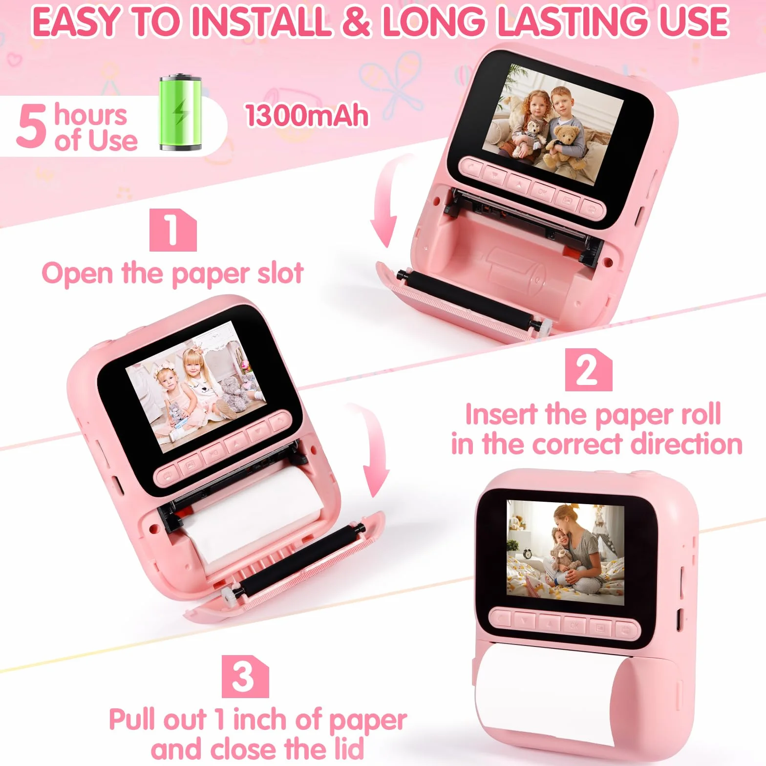 Macchina Fotografica Bambini Istantanea,2,4" Fotocamera Istantanea,1080P HD Fotocamera Digitale con 32 GB Scheda,6 Rotoli di Carta da Stampa e Penne Colorate,Regalo per Ragazze Ragazzi da 3-12