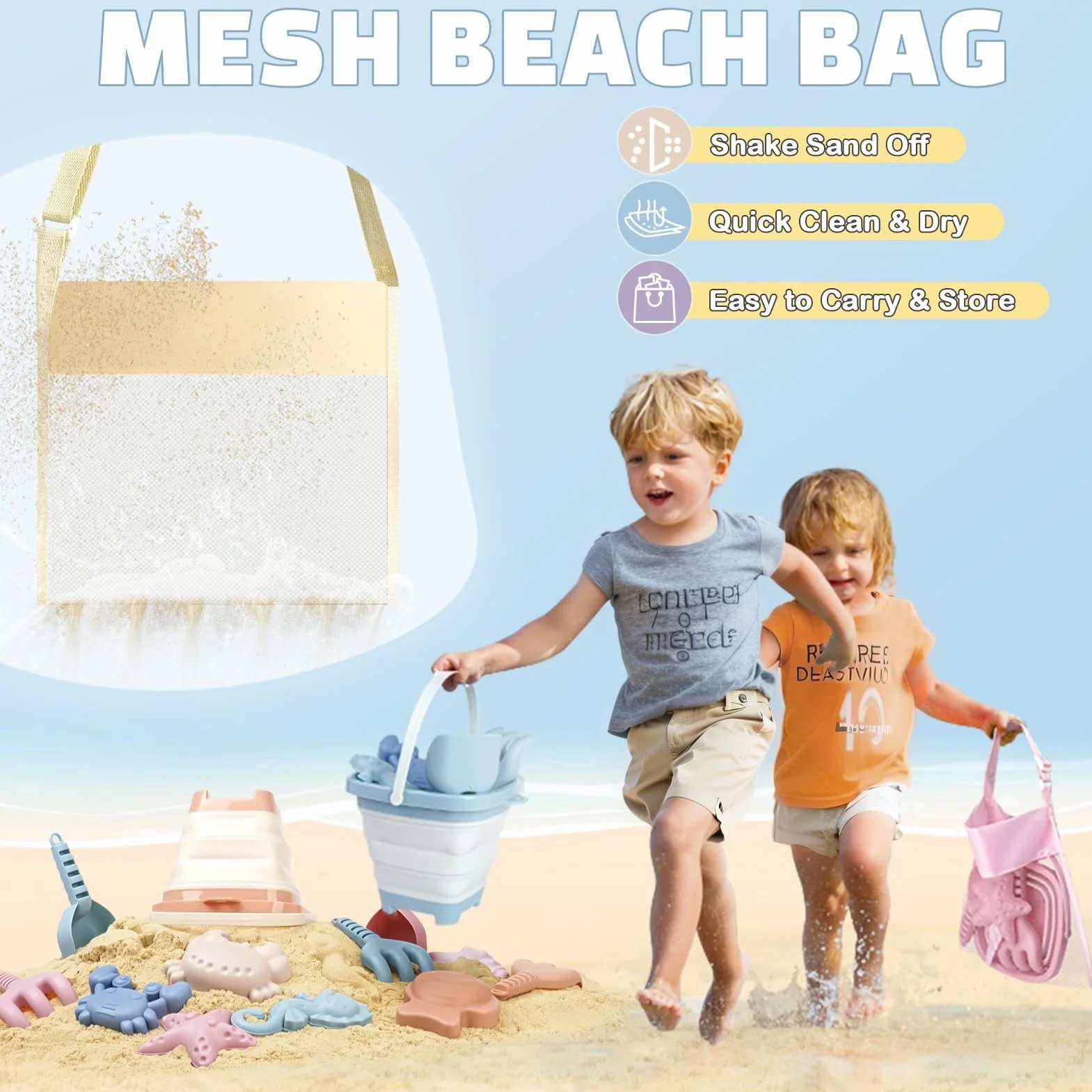 Dreamon Giochi Spiaggia Bambini, 18 Pezzi Giochi Mare con Secchiello Spiaggia Bambini Pieghevole Paletta Borsa Rete Giochi Spiaggia