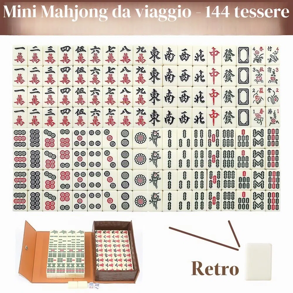 Mahjong Gioco Set, Mahjong Gioco da Tavolo con 144 Pietre, Mini MahjongSet con Scatola Portaoggetti, MahjongSet di Giochi in Versione Cinese Tradizionale (Scatola Di Pelle)
