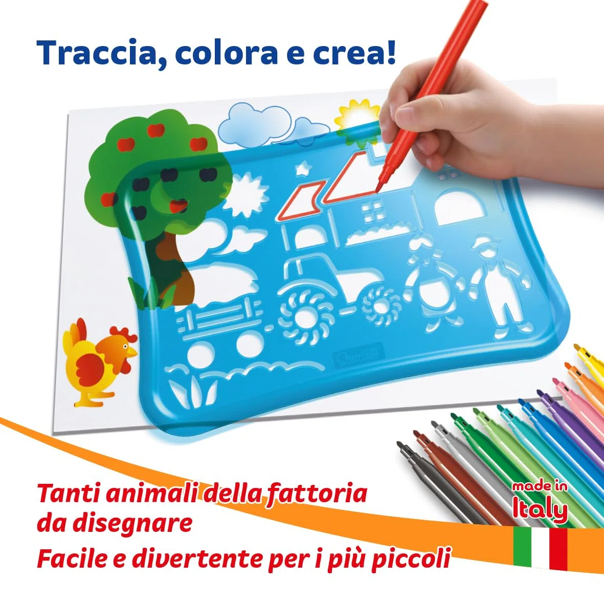 Quercetti Stencils Design Farm, Giochi Bambini 3 Anni Fino agli 8 Anni con 4 Sagome, 12 Pennarelli e Album da Colorare per Bambini, Giochi Creativi ed Educativi, Gioco Bambino 3 Anni, Made in Italy