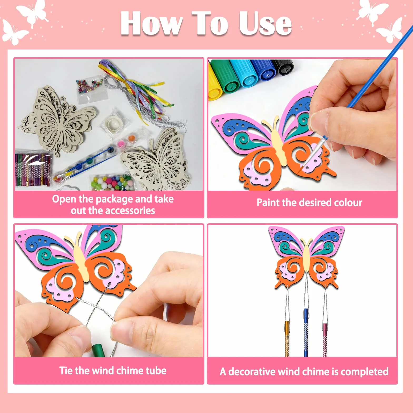 Beafaeur 174 Pezzi Campane a Vento Farfalla Kit, Bambini Primavera ​Regalo Craft per Dipingere con Farfalle Pendente in Fiori, Campana, Decor Pasquali Fai Da Te Bomboniere Giardino di Casa Corridoio