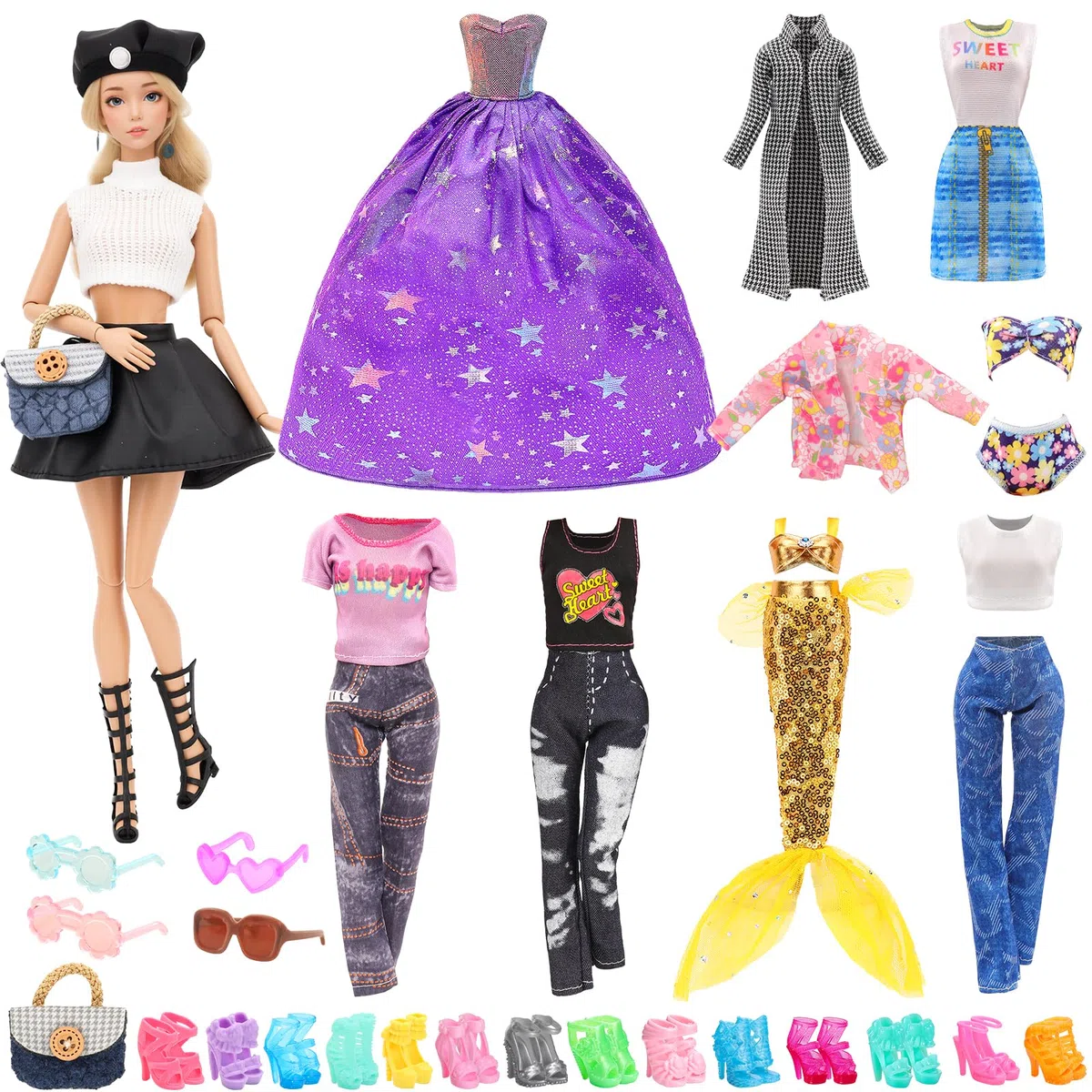 Miunana 31 Pezzi Per 11.5 Pollici 30 CM Bambola: 3 Pezzi Set + 4 Camiciette + 2 PCS Pantaloni + 2 Gonne + Bikini + Costumi Da Bagno Sirena + Vestito Da Sera + 10 PCS Scarpe + Stivale + 6 Accessori