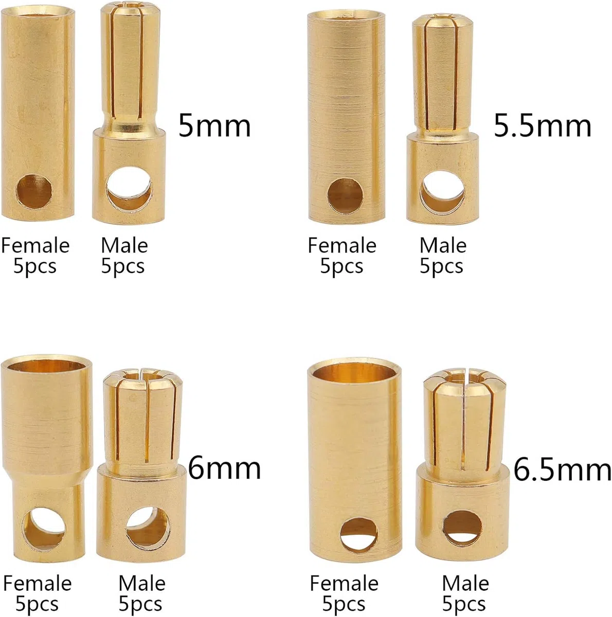 GTIWUNG 20 Paia 5.0mm/5,5mm/6.0mm/6,5 mm Connettori a Banana Spina a Banana Maschio Femmina per ESC Batteria e Motori, Oro