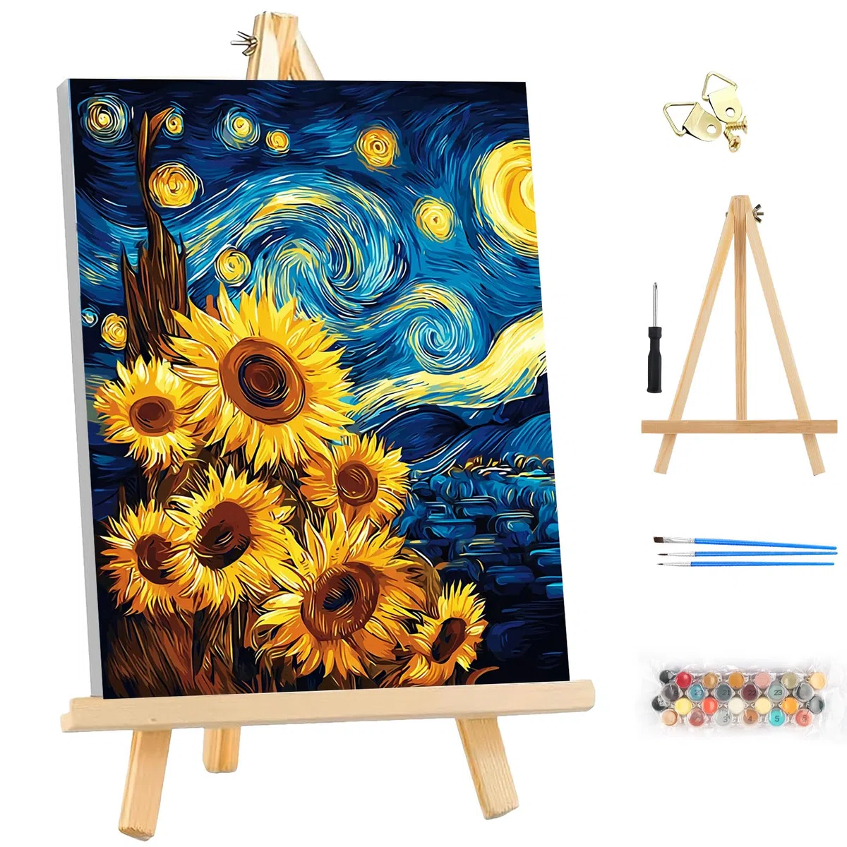 MEIYUDA Dipingere con i Numeri Adulti con Telaio Notte stellata, Kit di Pittura a Olio su Tela, Fai-da-Te Pennelli Pittura a Pigmento Acrilico Disegno, Decora la Casa Regalo 25x35cm