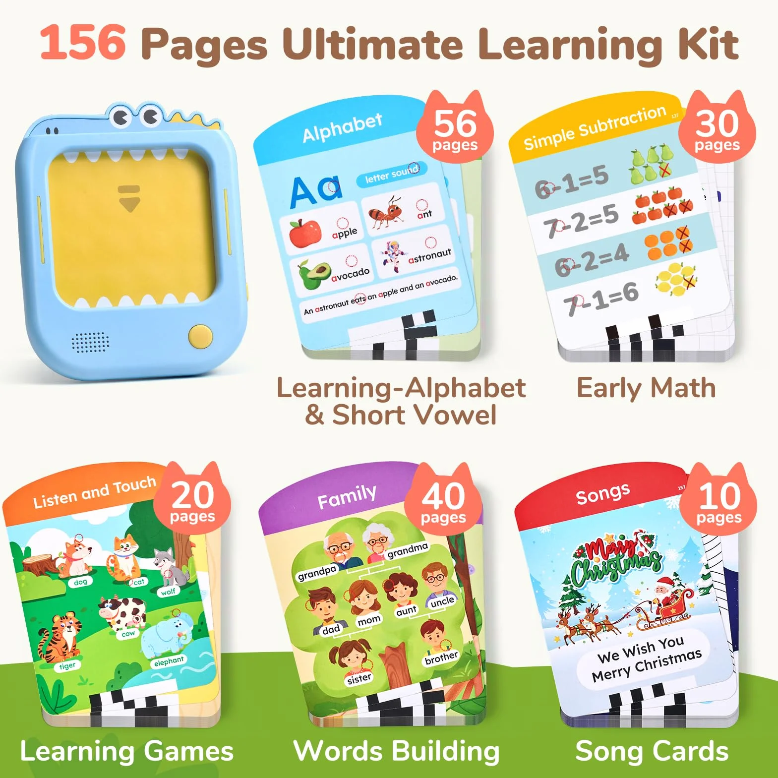 JoyCat Tablet Educativo per Bambini, 156 Pagine Carte Parlanti con 600+ Parole, Gioco Montessori per Imparare l’Inglese, Alfabeto, Fonemi, Numeri, Colori e Forme, Giochi Educativi Bambini 2-6 Anni