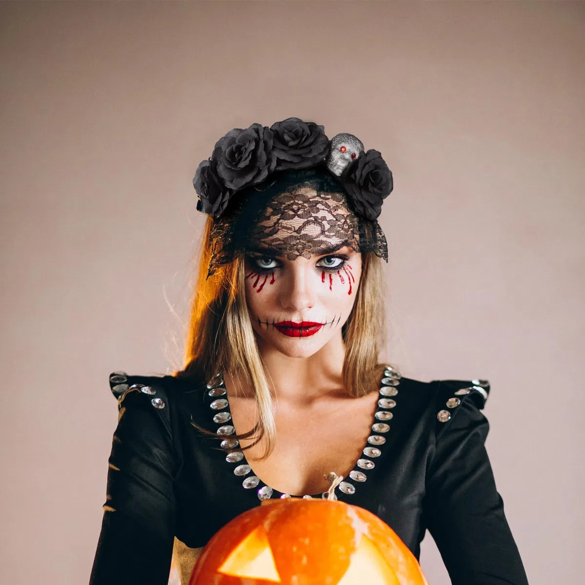 BETESSIN Cerchietto di Halloween Donna - Accessori per Capelli Rosa e Nero - Costume per Halloween, Carnevale, Cosplay, Dia de Los Muertos