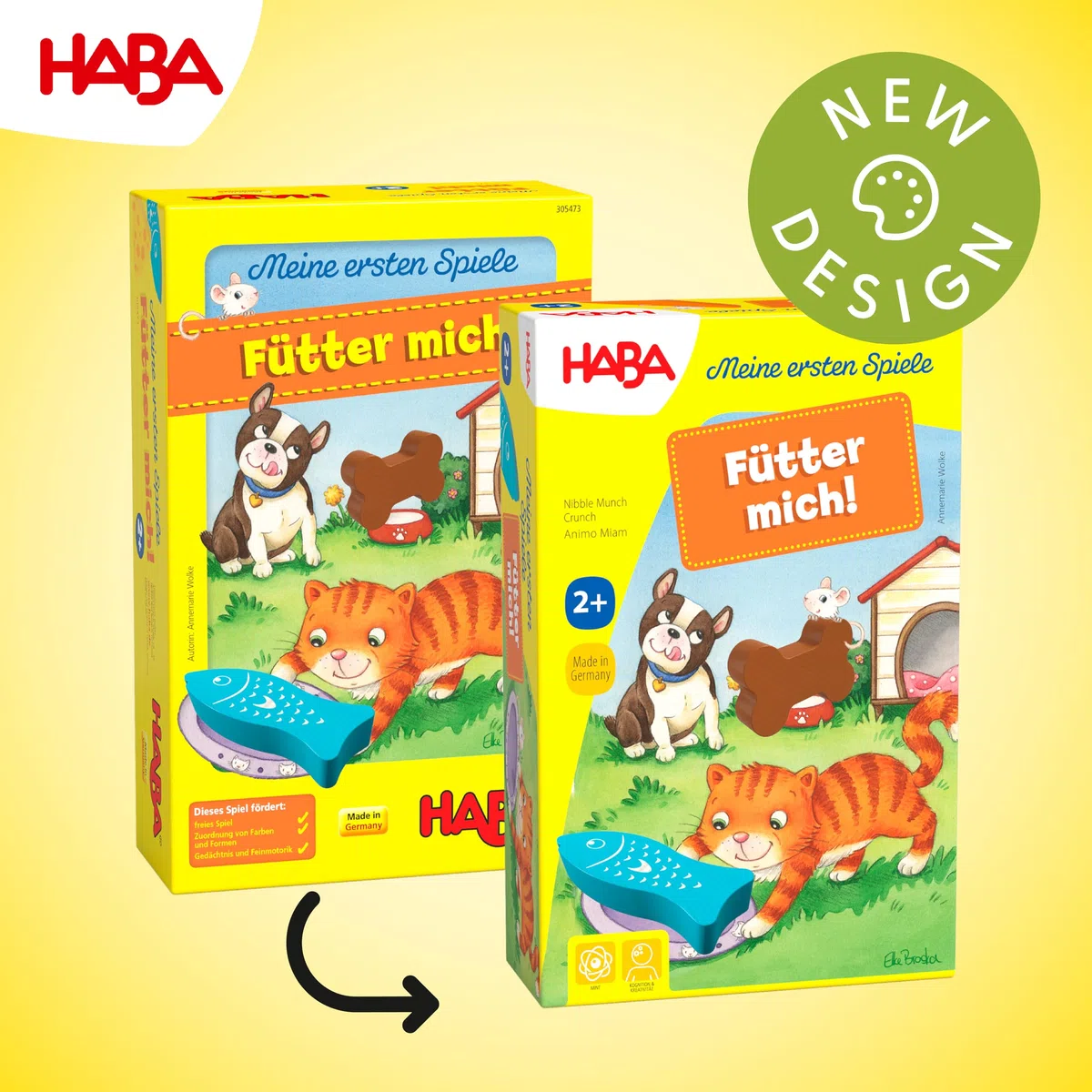 HABA 305473 – I Miei Primi Giochi – Nutri Me! Gioco di assegnazione a Partire dai 2 Anni per 1 – 5 Giocatori con 5 Figure in Legno a Tema Animali Domestici, Tempo di Gioco 5 min, trasmette la