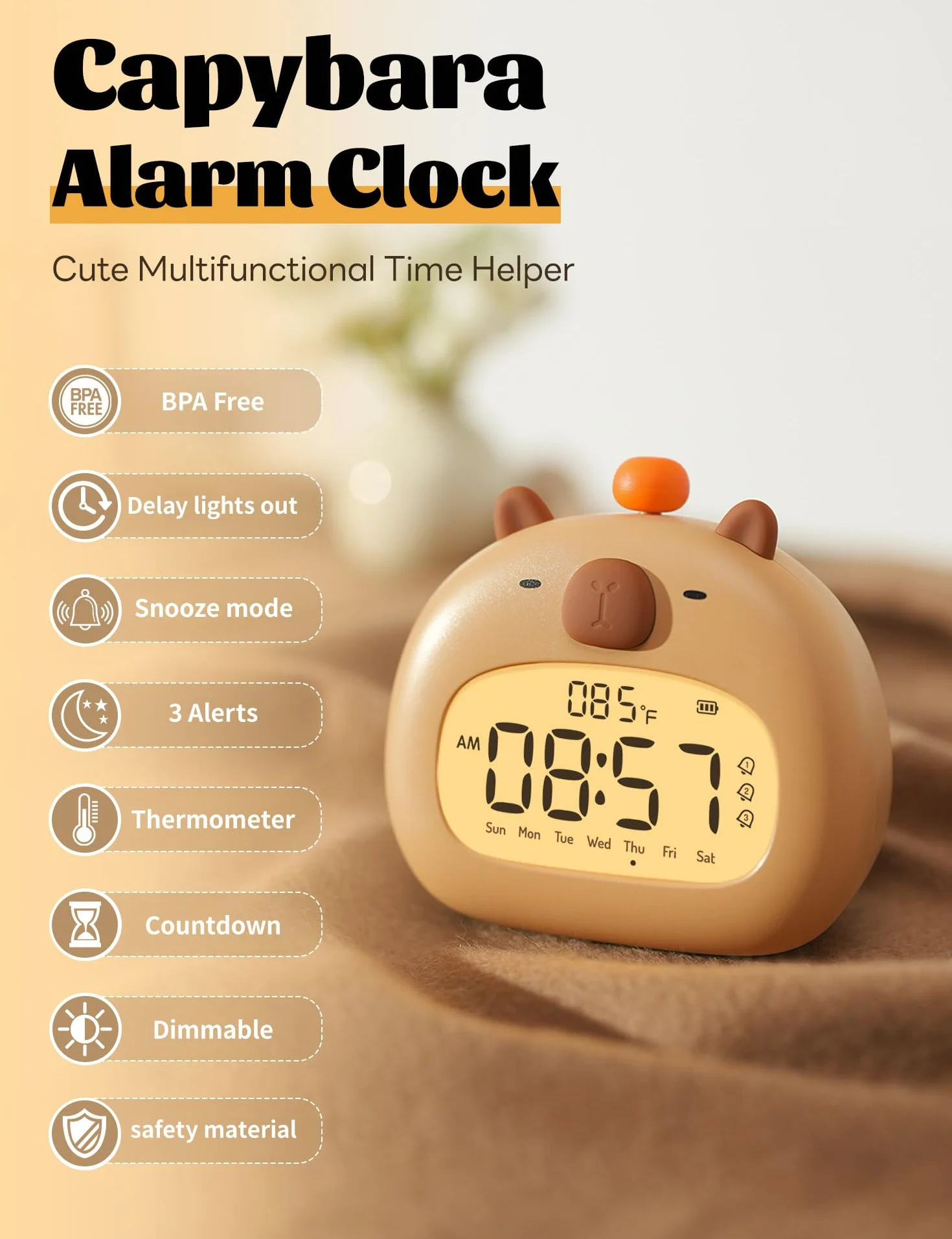 IHALO Capibara Sveglia Bambini, Comodino con Luce Notturna, Display Digitale LED 3,15 Pollici, Tre Allarme, Modalità Weekend, Data, Ora, Temperatura, Ricaricabile, Decorazione Cameretta per Bebè