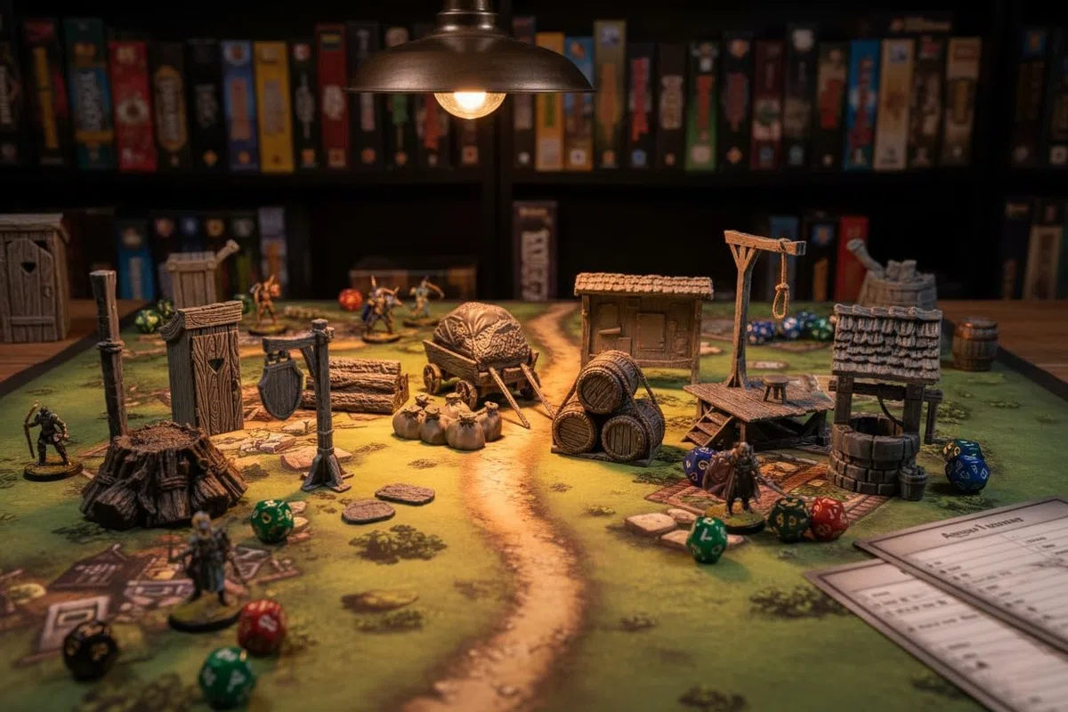 Set di articoli da città – Accessori integrali per D & D, Warhammer – Pozzo, Wc, Segnalibri, Forca, Giornali, Carrello