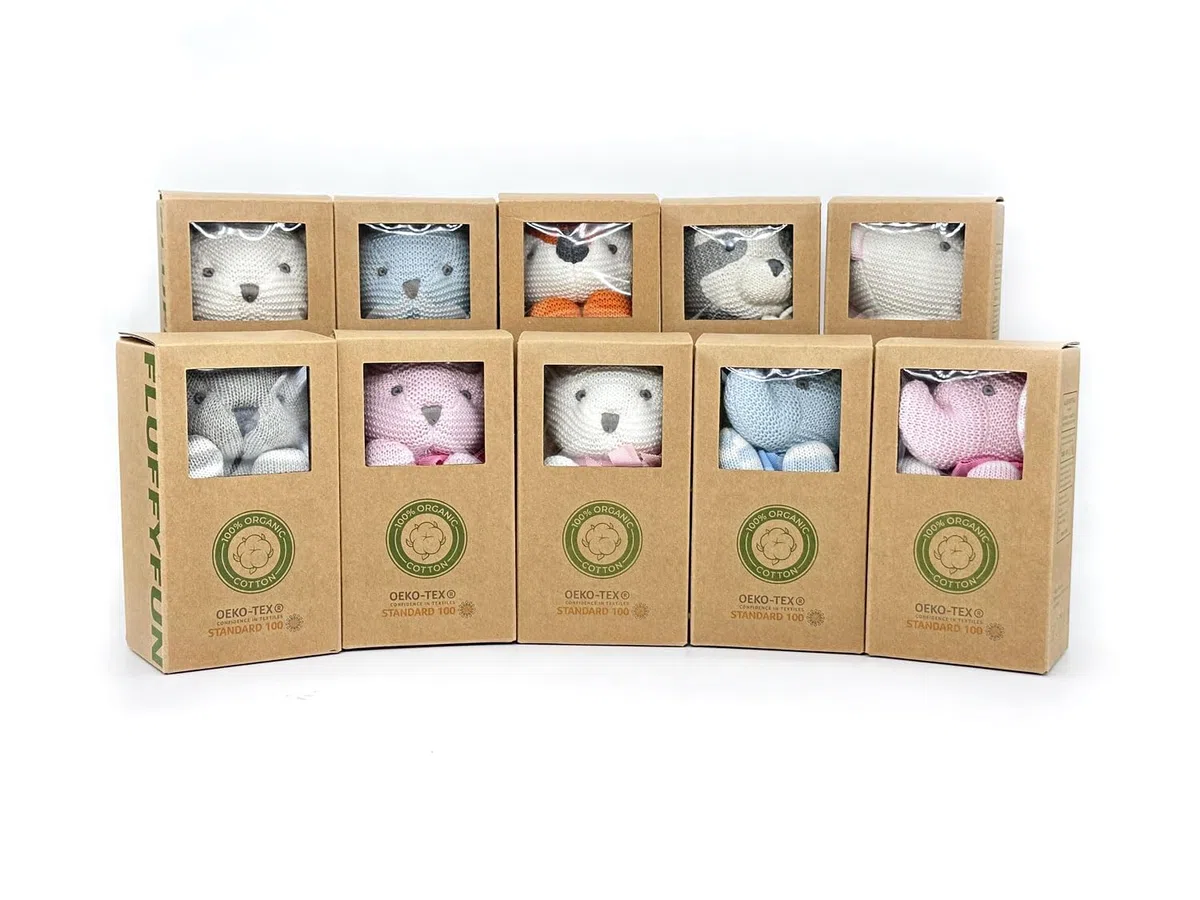 FLUFFYFUN Coniglio Peluche Neonato 100% Cotone biologico 18cm blu