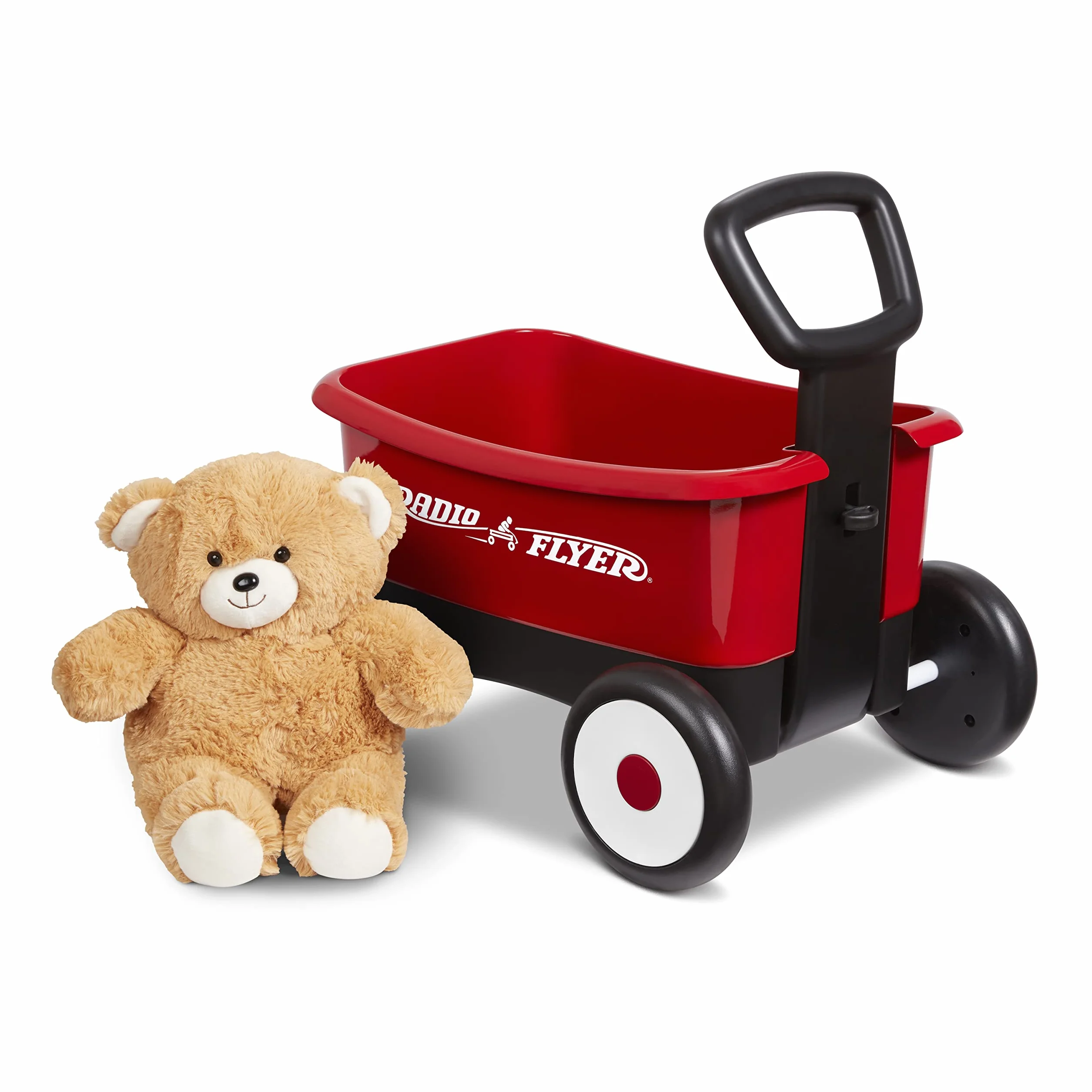 Radio Flyer Push & Pull Walker Wagon with Teddy Bear, Carrello giocattolo bambini, Carretto primi passi spingi e tira 2 in 1 rosso, con orsacchiotto, per bambini da 1 a 4 anni