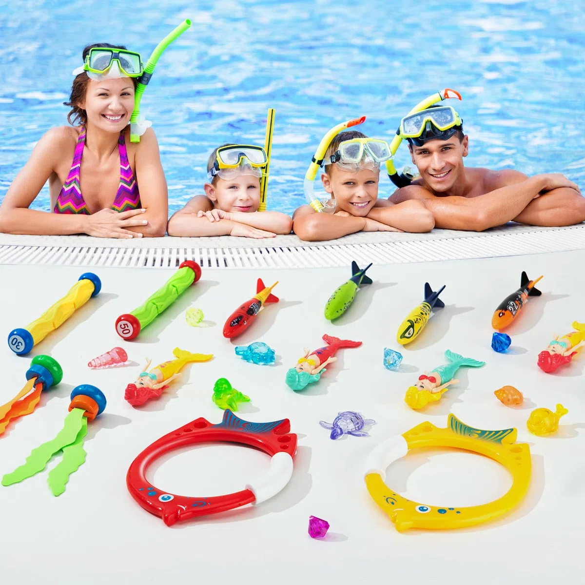 Mactoou Giocattoli da Immersione, 24 Pezzi Giochi Piscina Bambini, Immersioni per Nuoto Gemme per Giocattoli Subacquei, Giochi Acqua Regalo con Borsa per Bambina Bambini