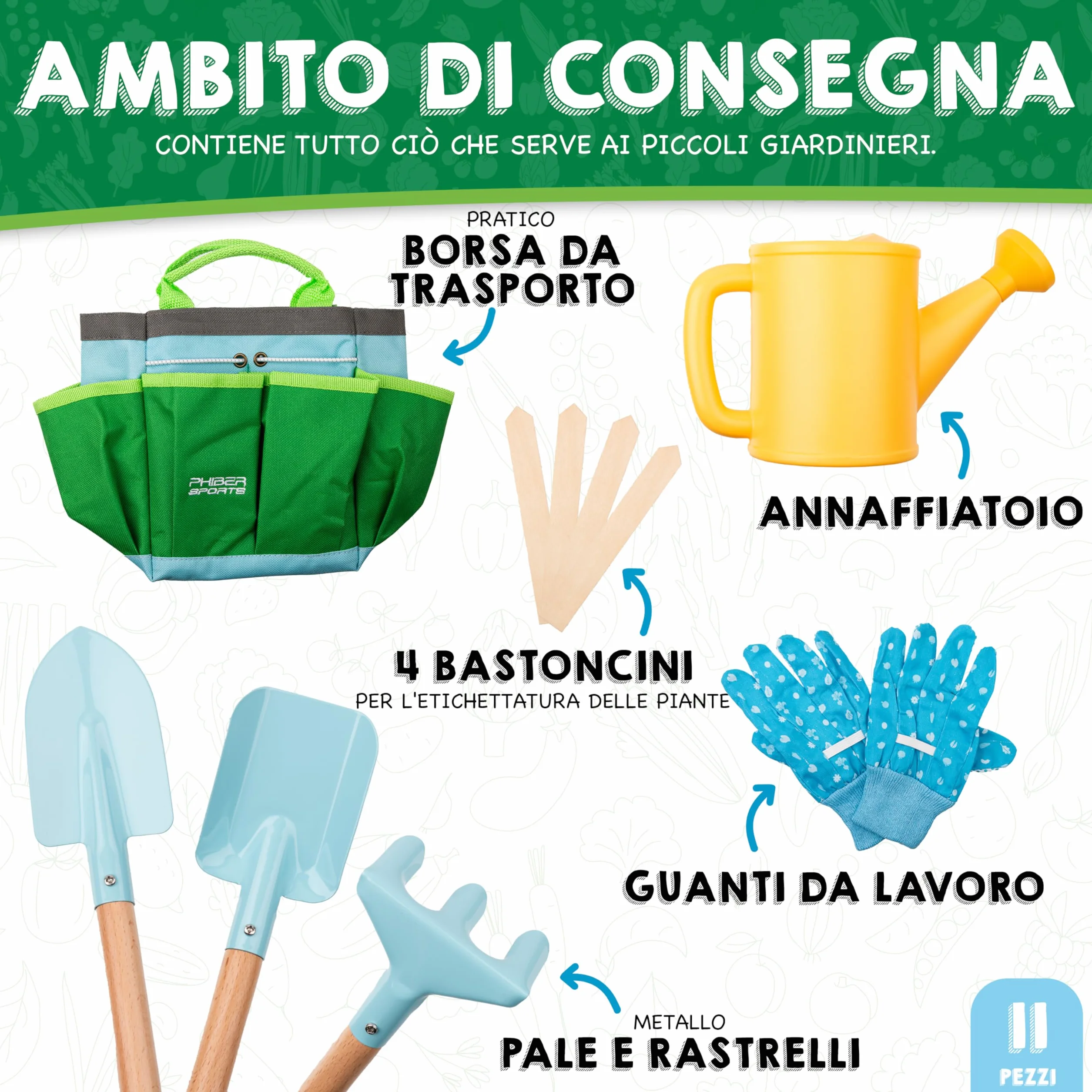 PHIBER-SPORTS Set di Attrezzi da Giardino per Bambini (11 Pezzi) - Attrezzi da Giardinaggio per Bambini dai 3 Anni in su - Strumenti in Metallo, annaffiatoio, Guanti da Giardinaggio, Borsa