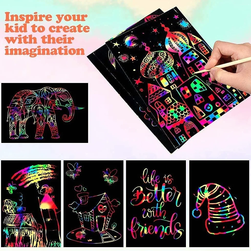 Mocoosy 60Pcs Scratch Art Bambini, Arcobaleno carta da grattare Set di pittura con 4 stencil 5 stilo in legno, giocattoli attività Bambini Regalini Fine Festa, regali di compleanno per ragazzi ragazze