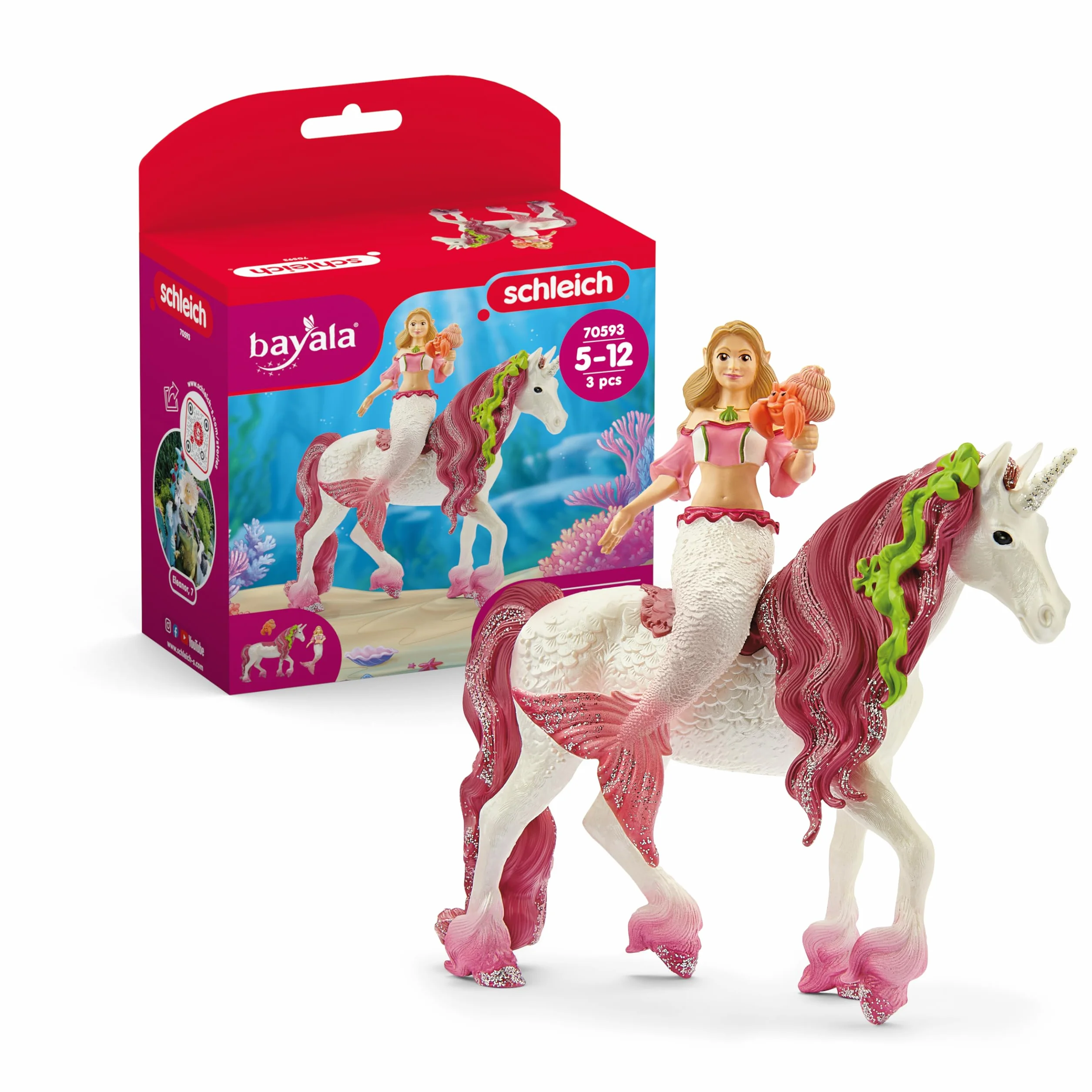 SCHLEICH BAYALA | Sirena Feya con unicorno marino 70593 | con mini granchio | figure dettagliate e realistiche | regalo perfetto per bambine e bambini | figura da 5 anni in su | set da 3 pezzi