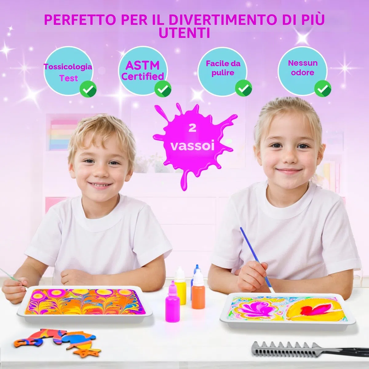MOMUSE Kit di Pittura per Bambini con 2 Vassoi, Giochi Creativi Bambina 6 anni, Pittura Marmorizzata Pezzi di Legno a Forma di Gatto, Regalo Bambina Bambini 6 8 9 10 12 anni