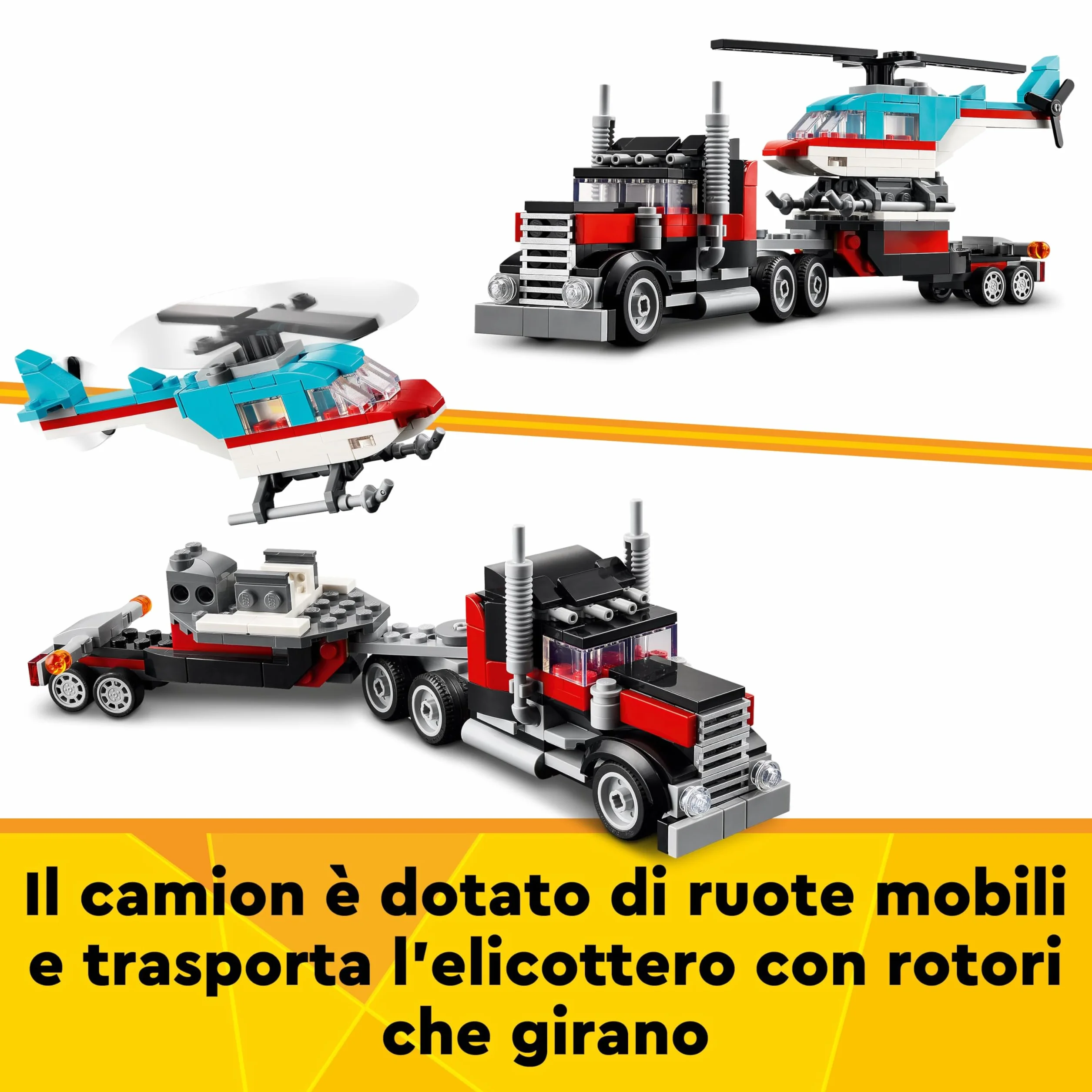LEGO Creator 3 in 1 Autocarro con Elicottero, Giochi per Bambini e Bambine da 7 Anni, Camion Giocattolo Ricostruibile in Aereo e Cisterna o in Auto da Corsa e SUV, Idea Regalo di Compleanno 31146
