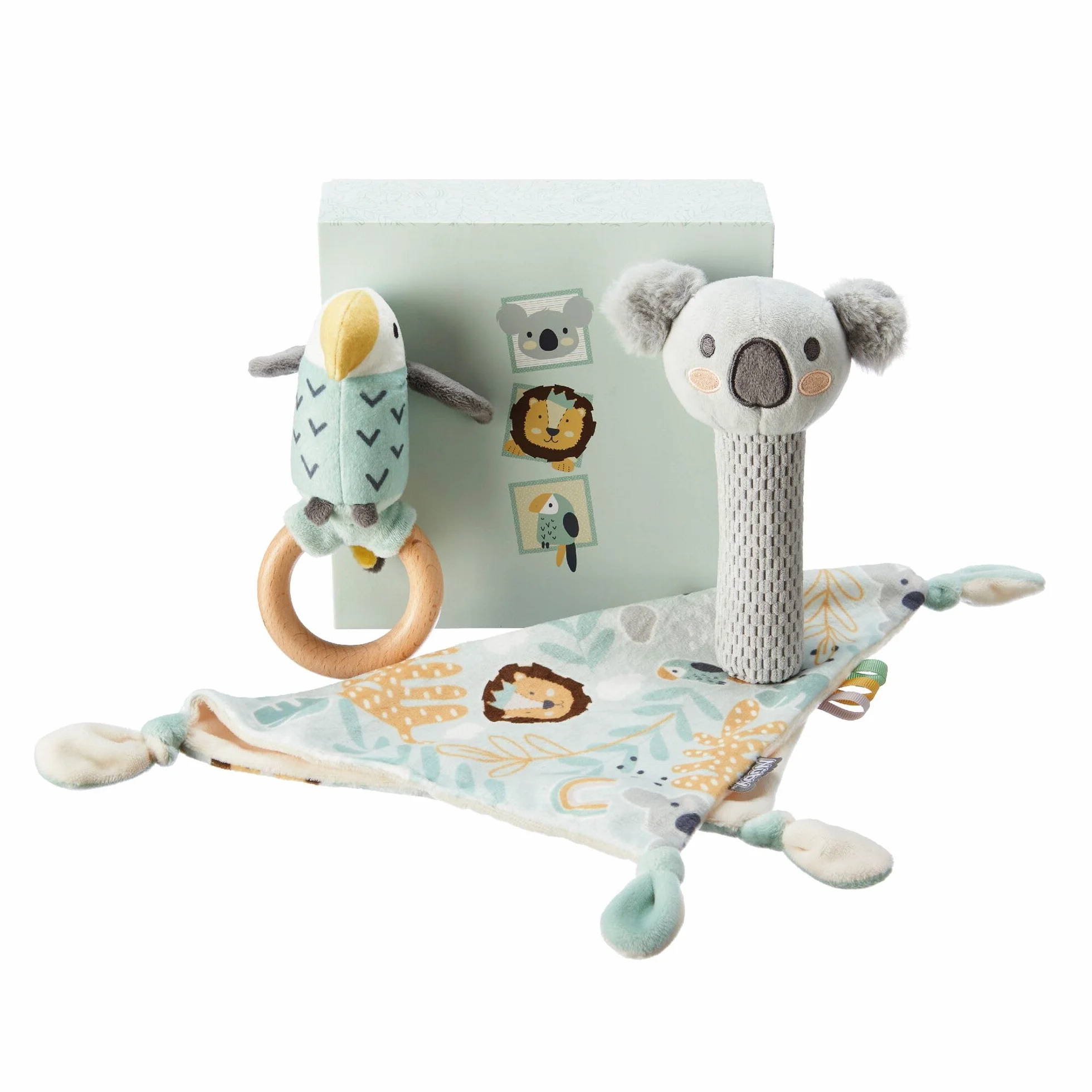 Nuby Animal Adventures, Set Regalo per Bambini, Set Ricordo da 3 Pezzi, Trapunta, Squeaker e Sonaglio, Confezione Regalo Inclusa, Adatto Fin dalla Nascita