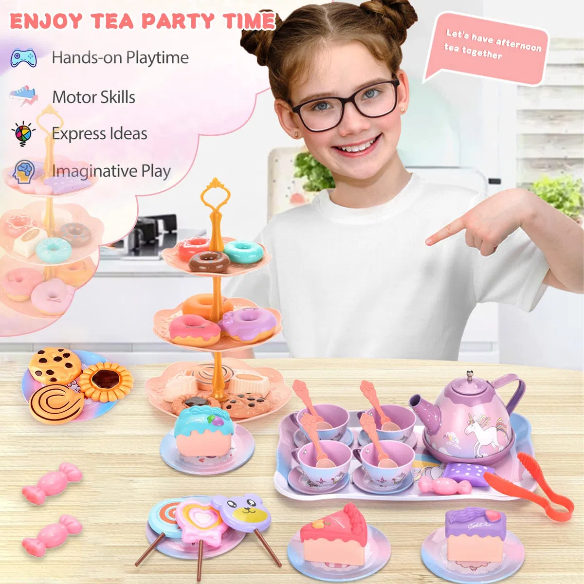 ENCOUN 48PCS Set da Tè per Bambini, Accessori Cucina Bambini, Set da Tè in Latta, Servizio da tè e Valigia Unicorno, Tea Party Finta di Giocare Unicorno Compleanno Regalo per Bambina 3 4 5 6 7 Anni
