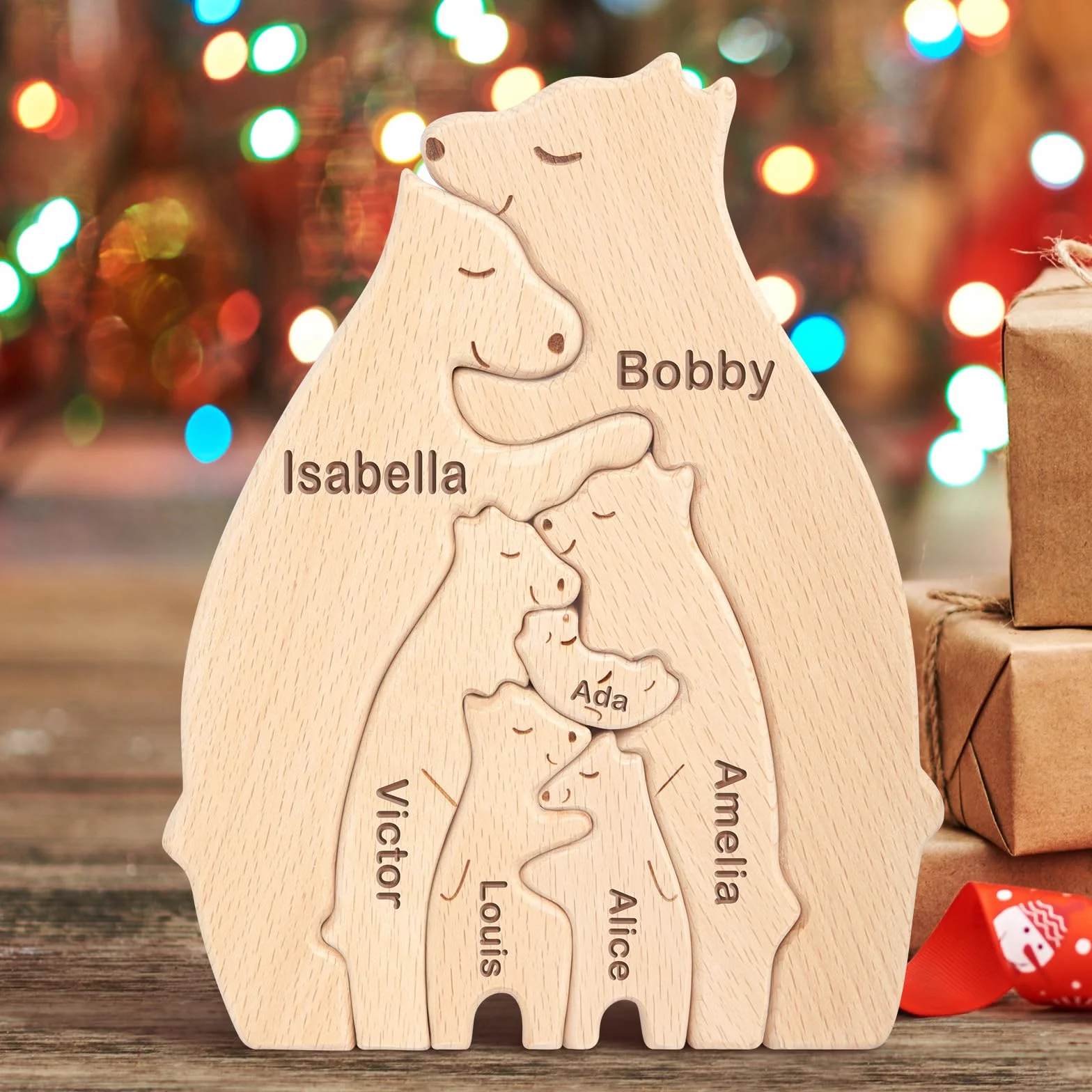 Puzzle Personalizzato con Famiglia di Orsi in Legno con 2-10 nomi, We are One Animali Sculture Artistico, Decorativo per la Casa Regalo per Natale, Compleanno, Anniversario Festa Della Mamma e Papà
