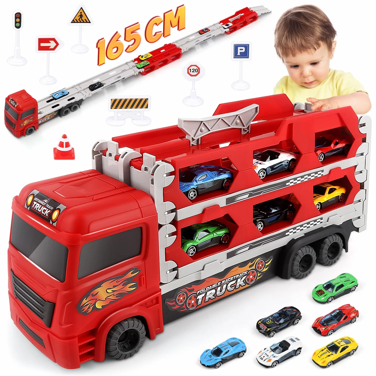 Aoskie Transporter Truck Macchinine Giocattoli per Ragazzi 3 4 5 6 Anni, Camion con 6 Macchinine Tiranti in Lega, Regalo Caldo Auto per Bambini
