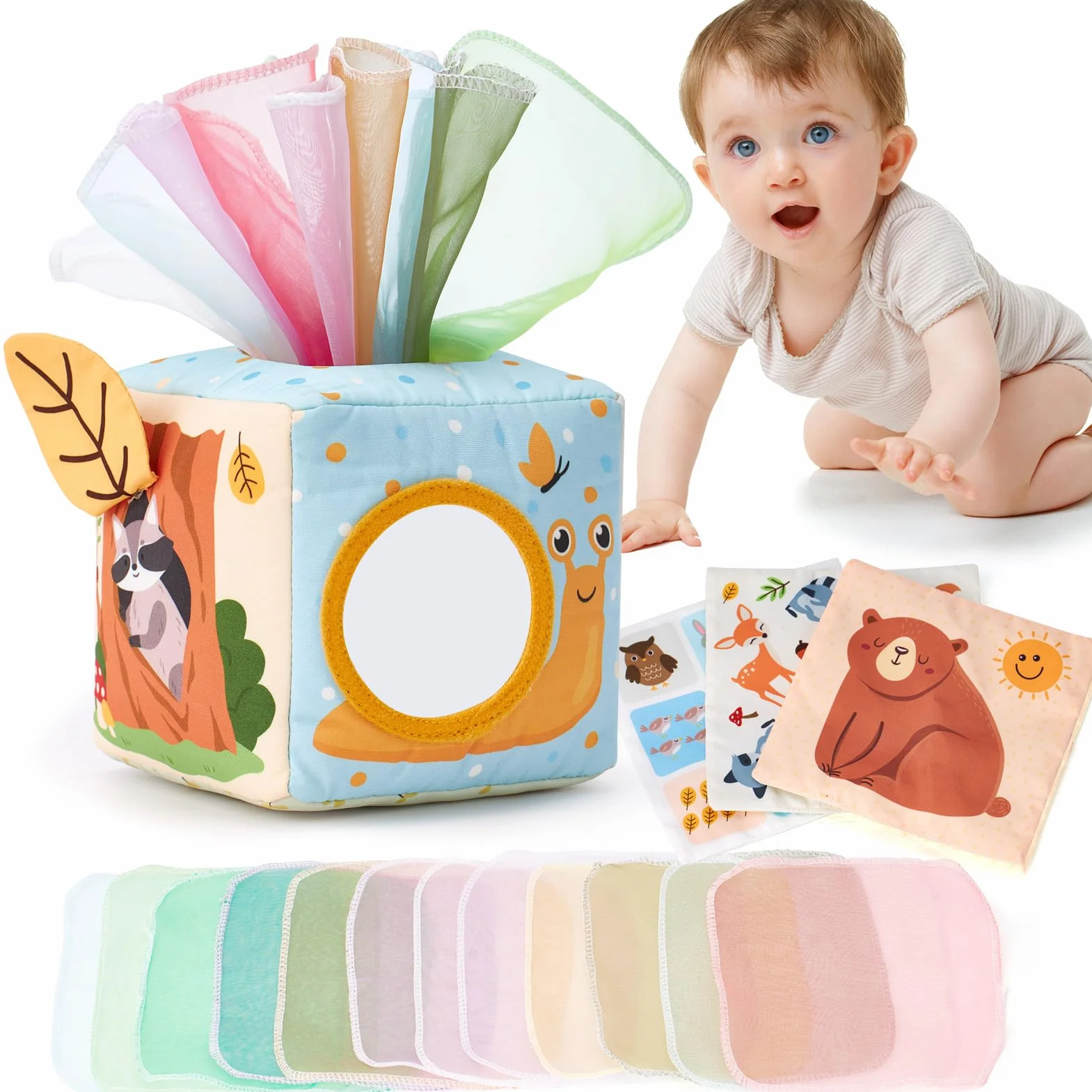 hahaland Scatola di Fazzoletti Montessori 3-6 Mesi, Giochi Neonati Sensoriali Scatoletta Interattiva in Tessuto e Specchio, Regalo Neonato Maschio