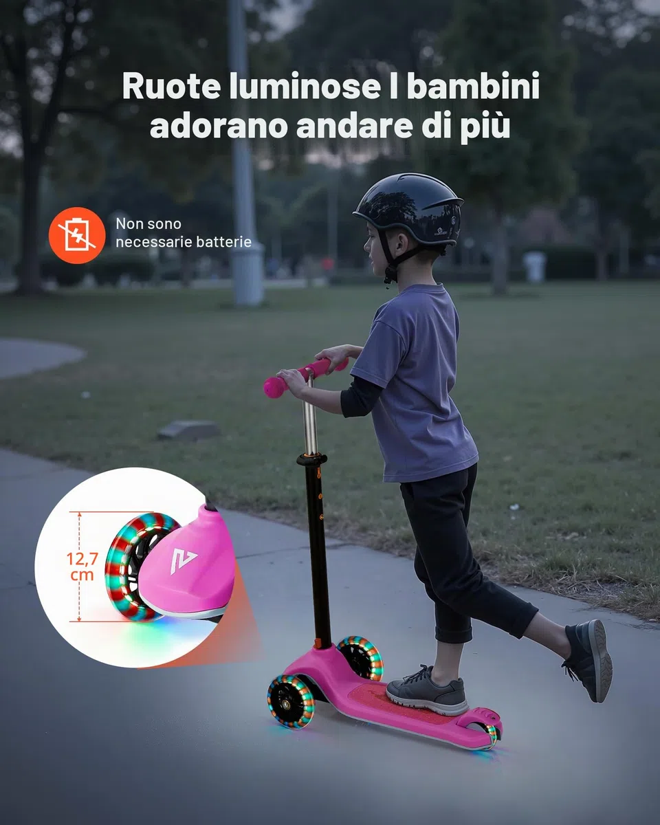 VEVOR Monopattino per bambini dai 3 anni in su, monopattino a 3 ruote con ruote luminose, manubrio regolabile in altezza, ampia pedana antiscivolo, telaio in alluminio leggero per ragazzi e ragazze