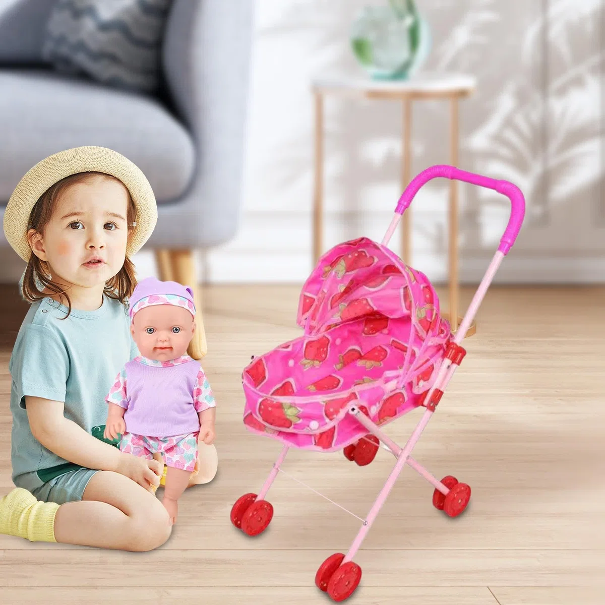 Passeggino per bambole pieghevole con tettuccio, passeggino per giochi di ruolo per ragazze, passeggino leggero per bambole per interni ed esterni, per imparare all'asilo, viaggi, compleanno