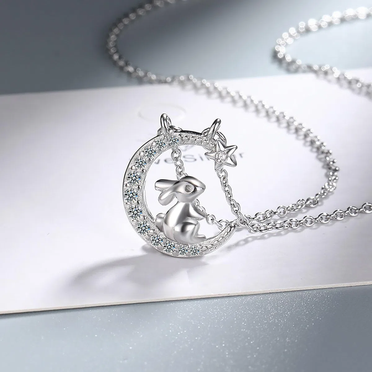Collana Luna Stella Coniglio Argento 925 per Donna Bambina Ragazza Ciondolo Luna Stelle Coniglio Zirconi Collana da Donna Argento Cristalli Brillantini Animale Catena Gioielli