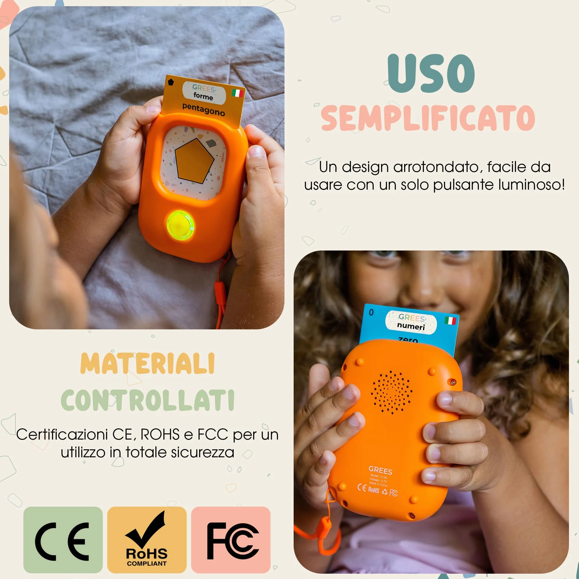 GREES Lettore Carte Educative Parlanti con Borsa | Flash Cards 258 Parole Italiano, 12 Temi | Giocattoli Montessori Senza Schermo Bambini 2-7 Anni | Linguaggio, Logopedia, Autismo | Regalo Compleanno