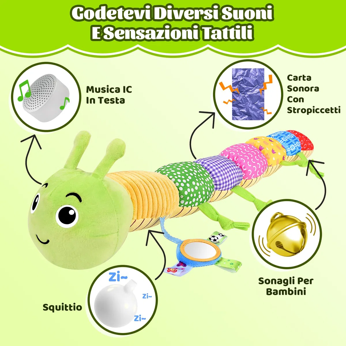 Herenear Bruco Musicale Peluche Giocattolo, Cuscino Grande Morbido Con Increspature Multisensoriali per Infantili