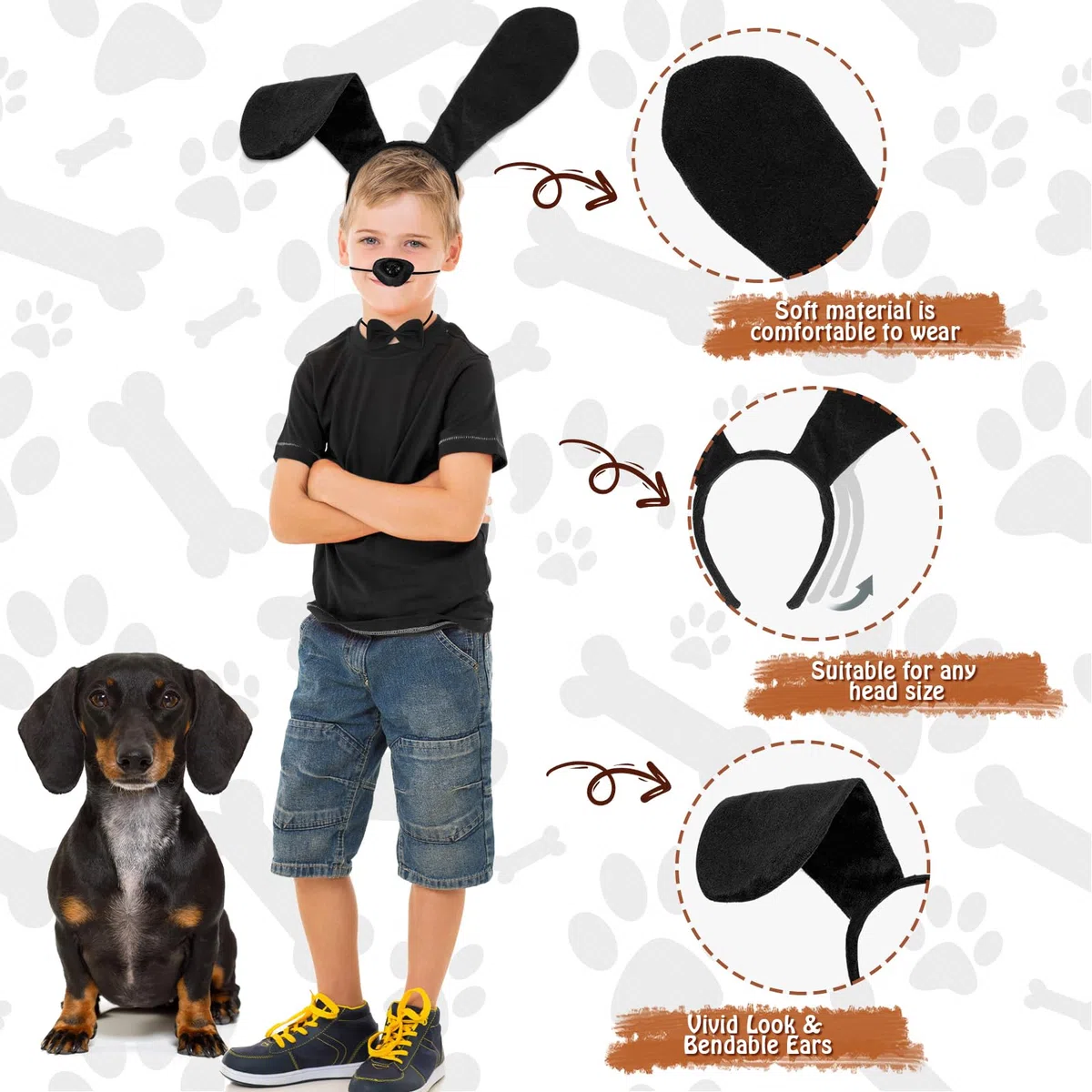 Costumi per Cagnolino per Adulti e Bambini, Fascia con Orecchie Cane Naso Finto Coda Guanti Papillon,Bassotto Costume Halloween Carnevale