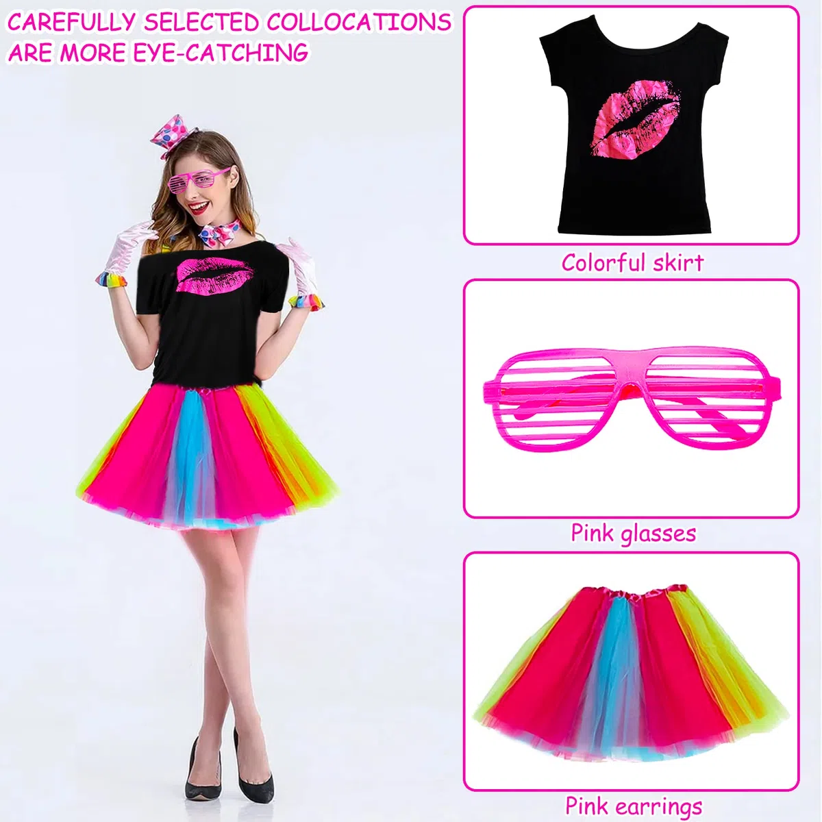 Set Accessori Costume Anni '80, T-Shirt Tutu Fascia per Capelli Collana Orecchino Scaldamuscoli Occhiali guanti a rete per feste retrò anni '80 feste in costume