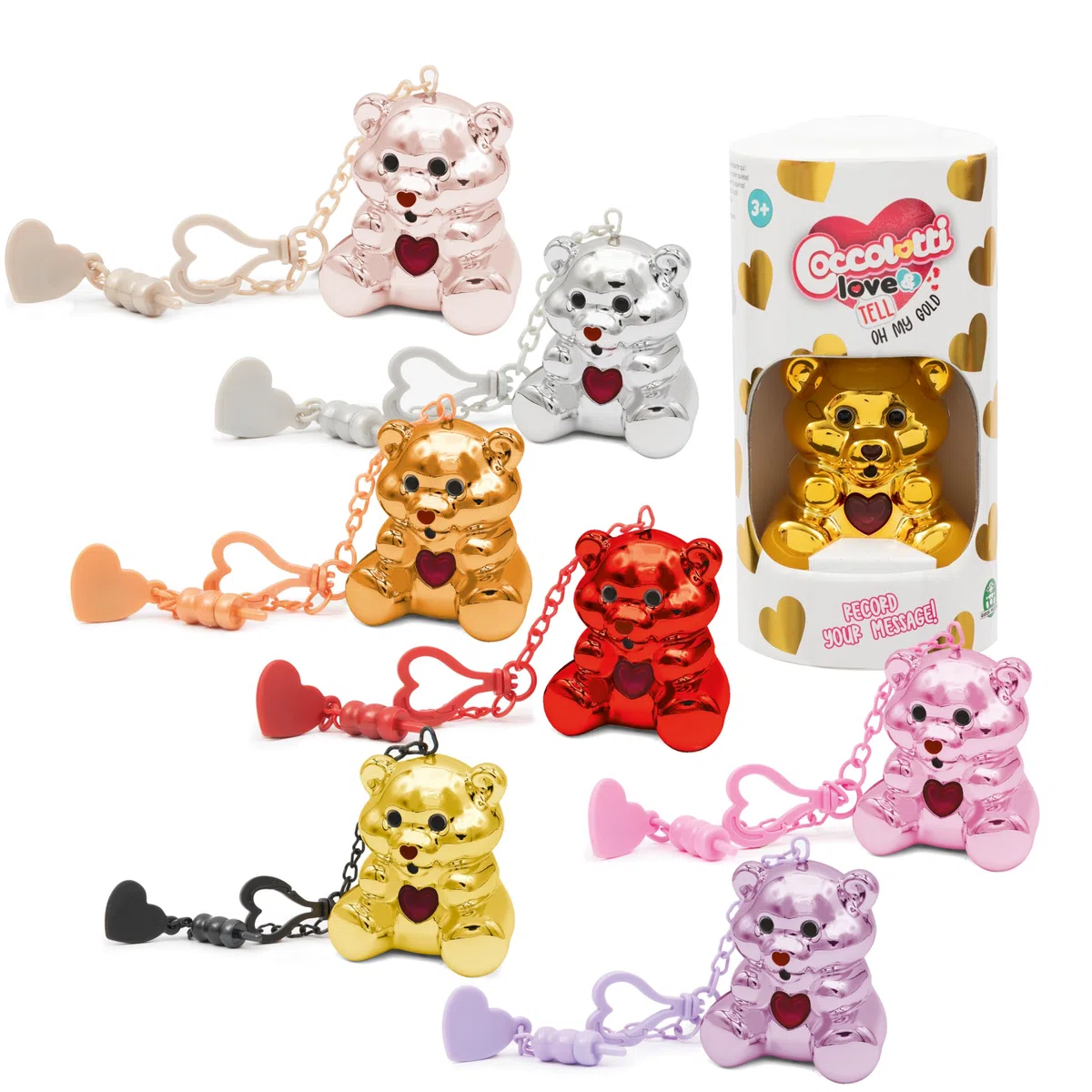 Coccolotti - Oh My Gold,1 Orsetto Casuale tra 7 Versioni Disponibili,Funzione Registrazione e Portachiavi, Colore Effetto Metal, Animali Interattivi Giocattolo, Giochi Bambini 3 Anni +