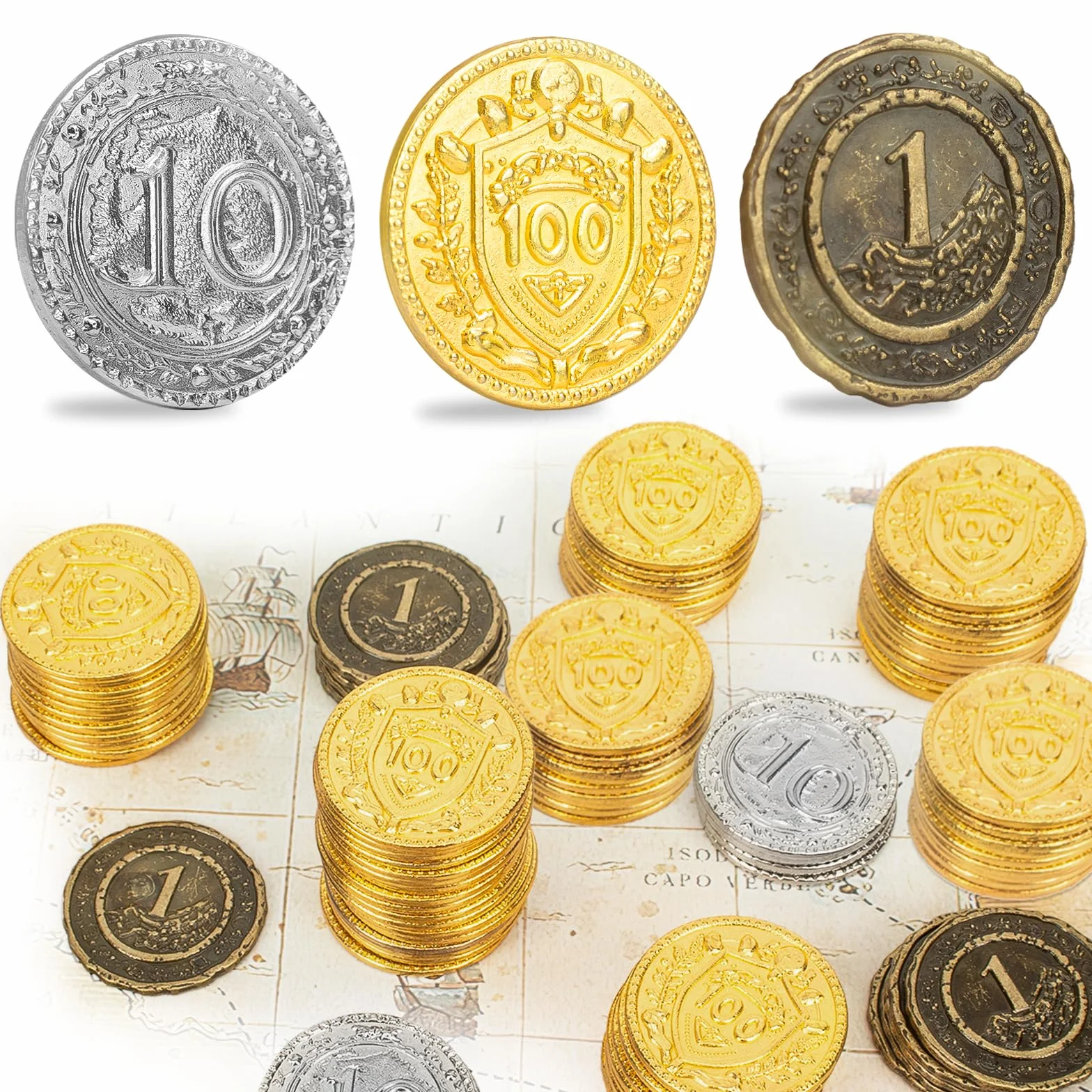 Byhoo 50 monete DND in metallo, 1,2" oro argento rame token con valore facciale per gioco da tavolo e tabletop RPG, monete in metallo fantasy per pirati, gioco, feste, cosplay