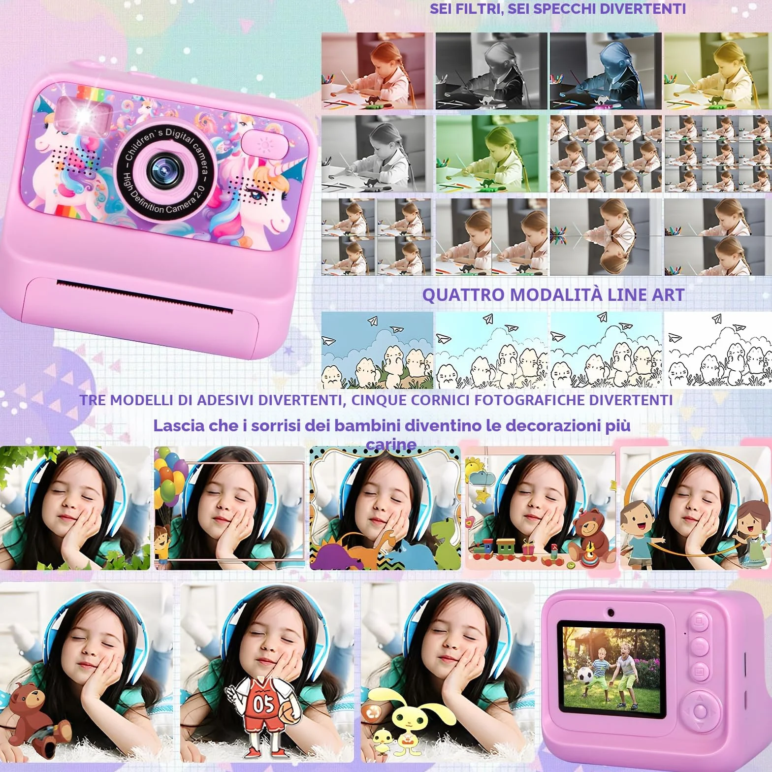Macchina Fotografica Bambini Istantanea, Fotocamera Istantanea 2.4" 1080P Fotocamera Bambini con 32GB Schede e Carta da Stampa, Modalità Selfie e Video,Regali per Ragazzi Ragazze da 3-12 Anni
